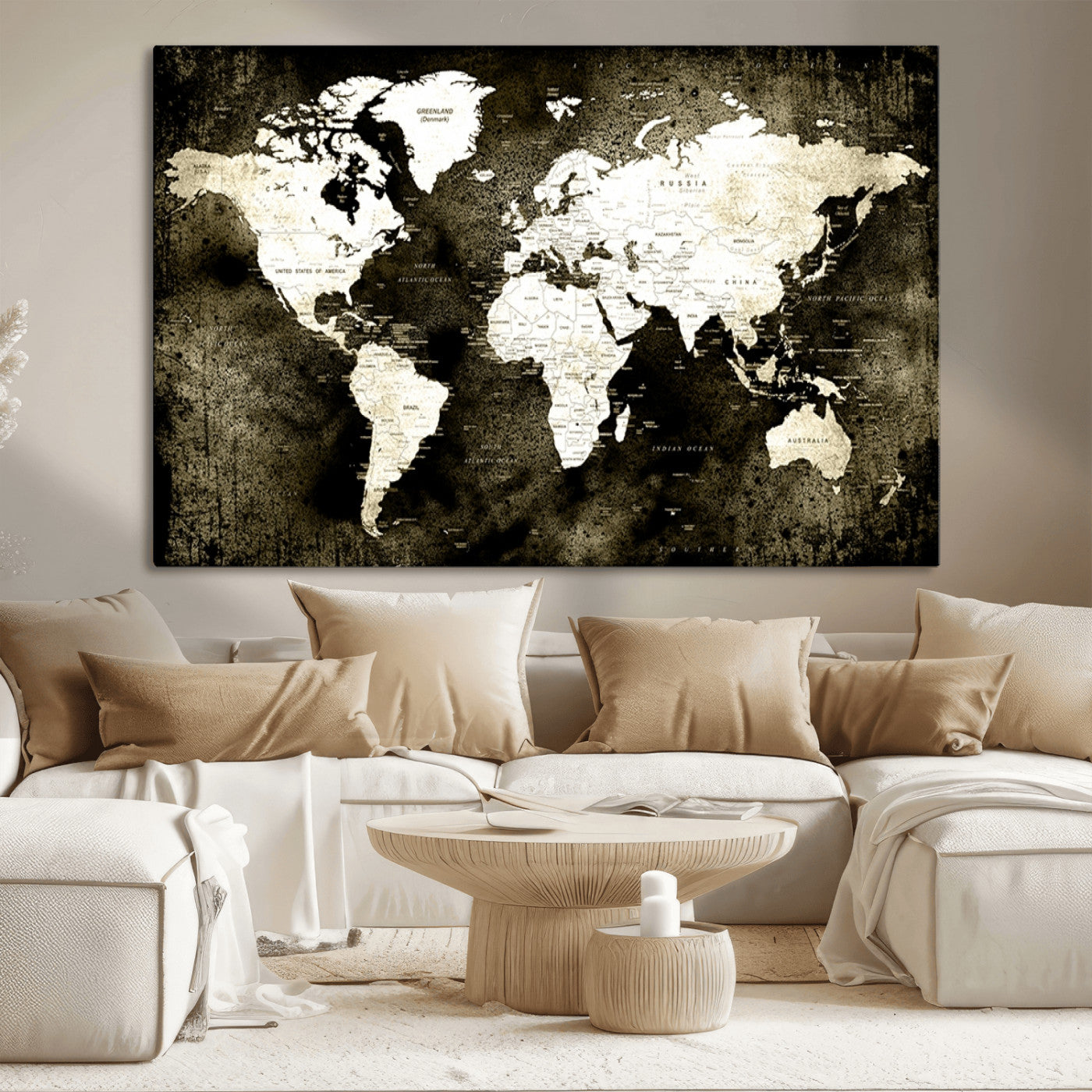 66737-MGV-CV-36X24-Vintage World Map Canvas Wall Art – Framed Push Pin Travel Map for Home and Office Decor, Rustic Wall Artwork for Travelers