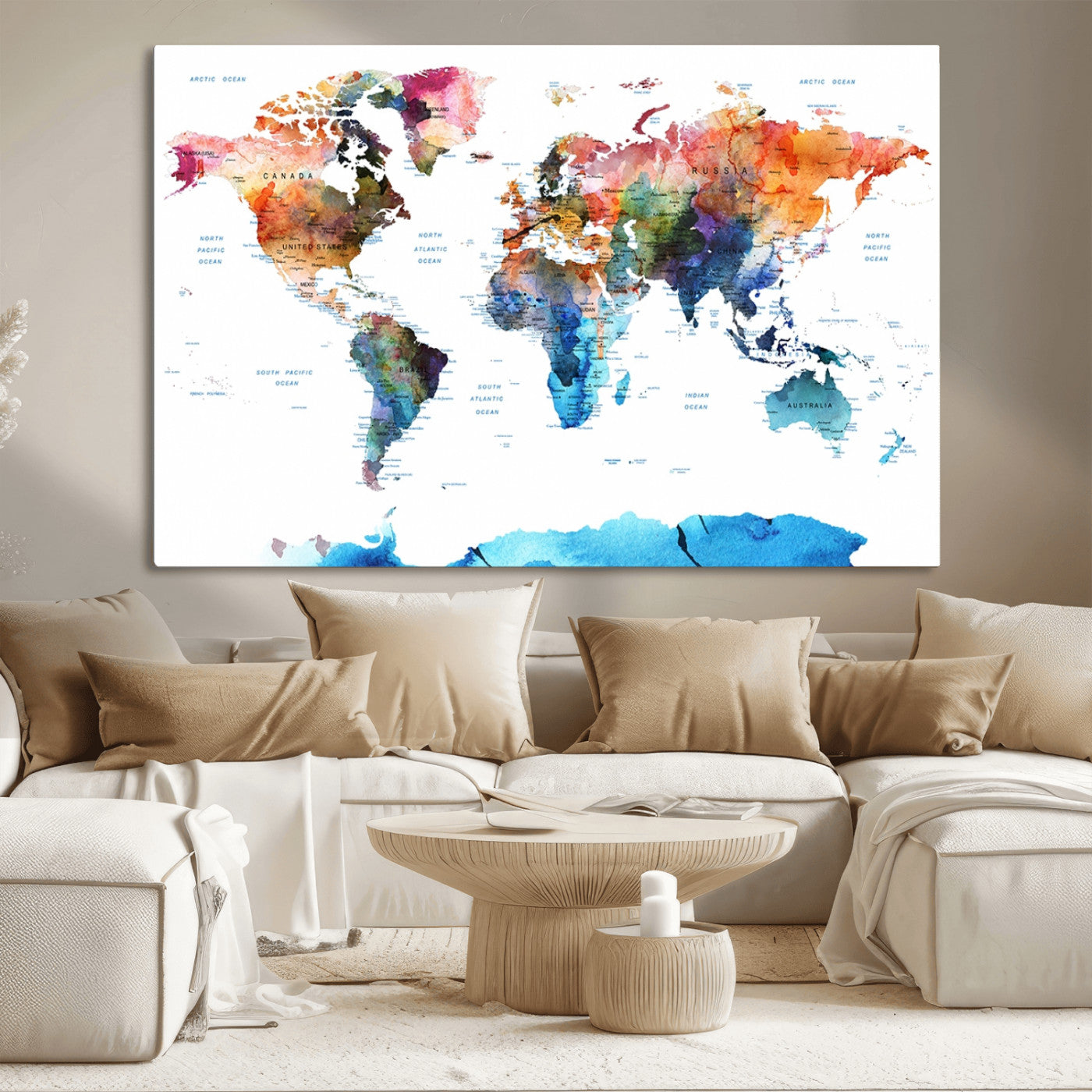 11576-MGV-CV-36X24-Vibrant Watercolor World Map Canvas Wall Art – Framed Push Pin Travel Map for Home and Office Decor, Modern Colorful Wall Artwork