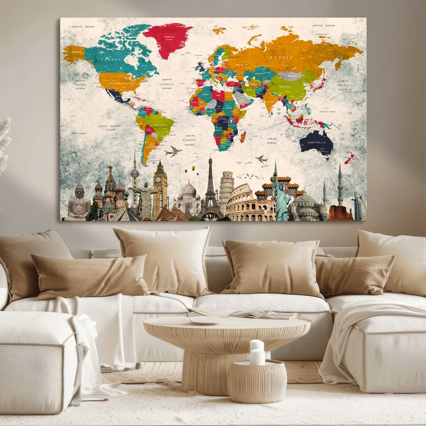 98056-MGV-CV-36X24-Colorful World Map Canvas Wall Art with Landmarks – Framed Travel Map Print for Home and Office Decor, Perfect Gift for Travel Lovers
