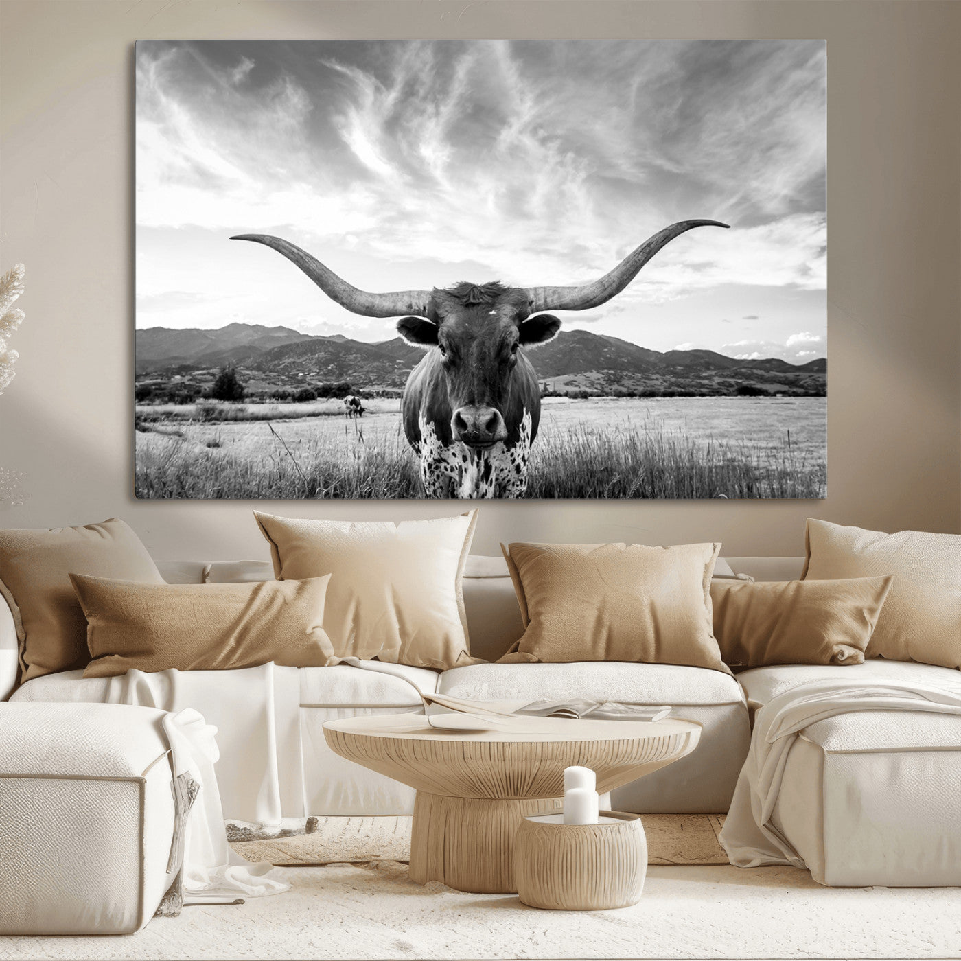79527-MGV-CV-36X24-Longhorn Black and White Wall Art – Rustic Western Bull Canvas Print, Farmhouse Country Decor for Living Room, Office or Ranch, Cowboy Wall Artwork