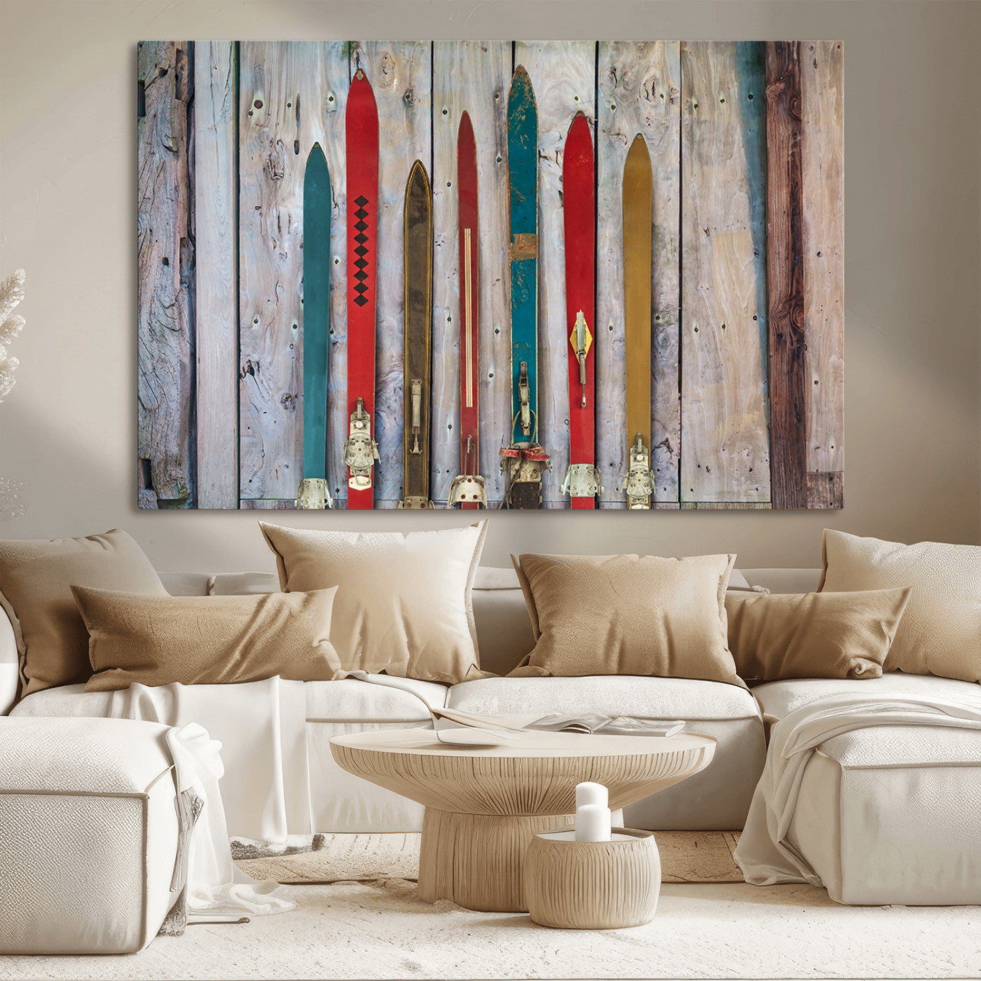-Vintage Wooden Weathered Ski's in Front of an Old Barn Wall Art Canvas Print for Farmhouse, Cabin