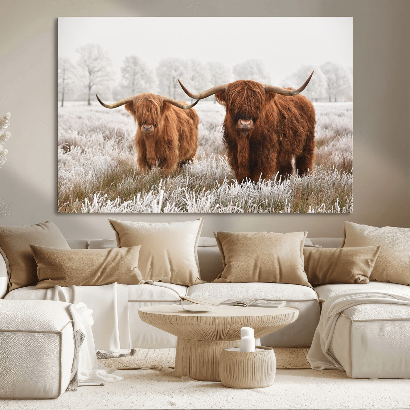 -Longhorn Cattle Wall Art Canvas Print, Framed Farmhouse Style Art Picture Print, Rustic Cow Perfect Rustic Farmhouse Decor Artwork