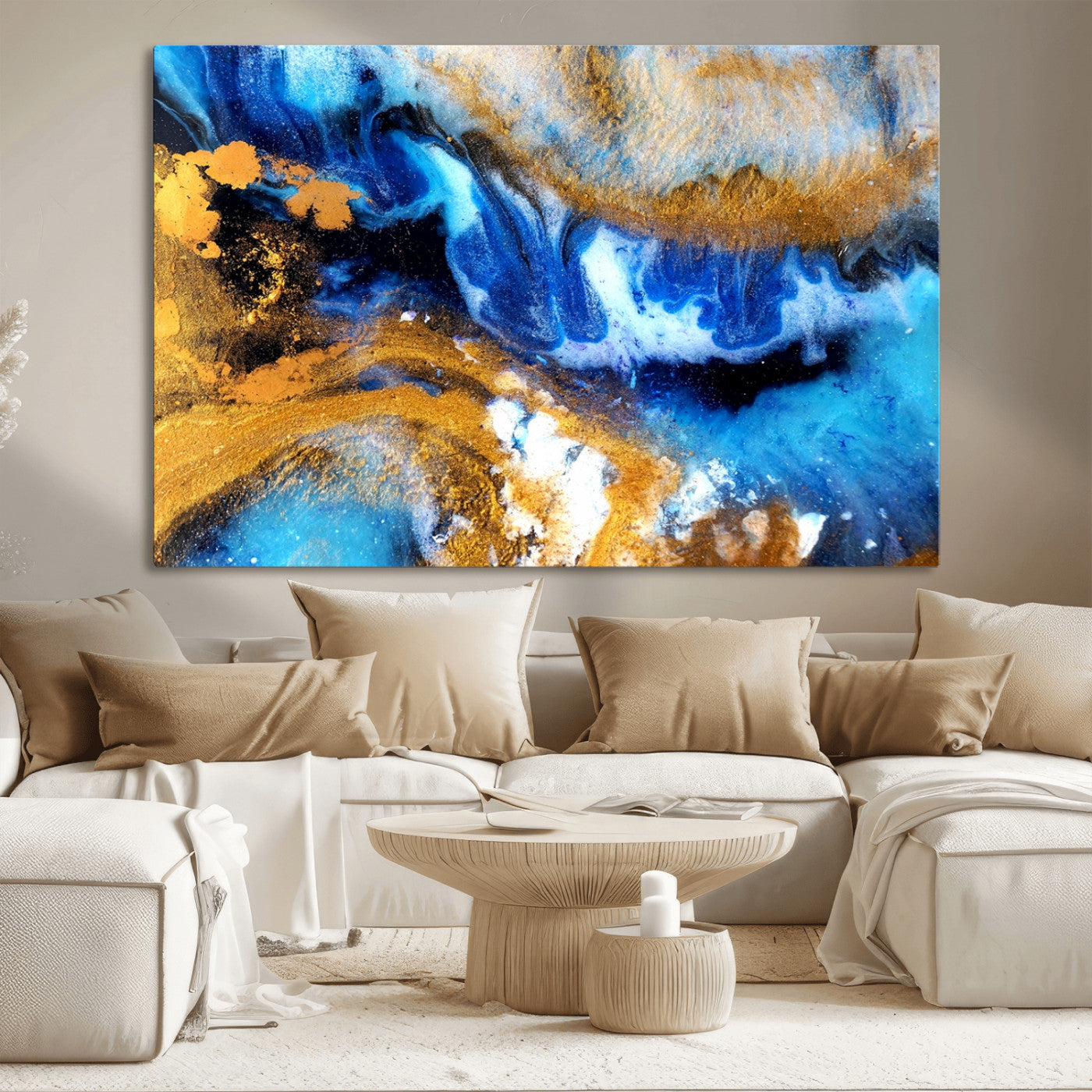 42100-MGV-CV-36X24-Blue Orange Marble Fluid Effect Canvas Wall Art Print