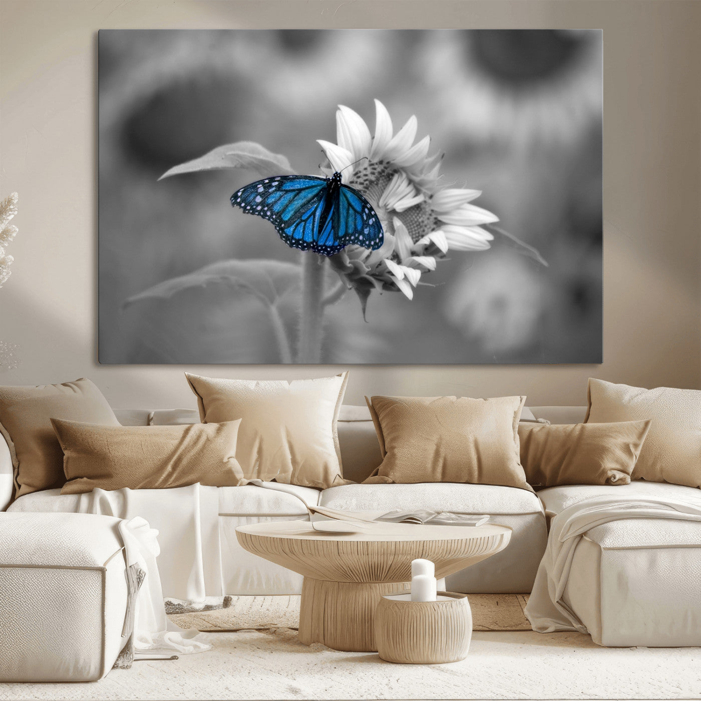 -Blue Butterfly Black and White Canvas Wall Art