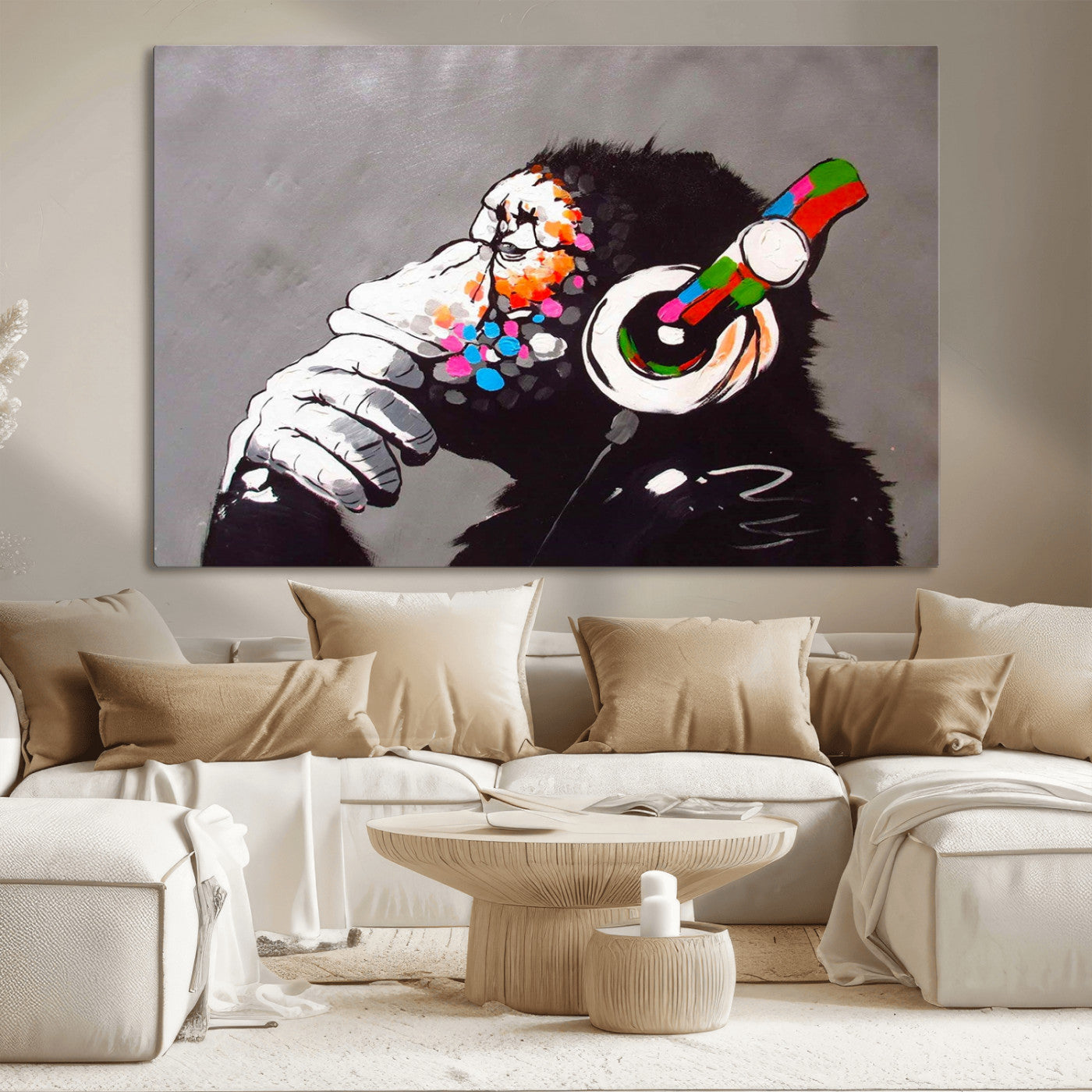 56887-MGV-CV-36X24-Dj Monkey Listening to Music Wall Art Print | Banksy Monkey Large Canvas Print for Living Room,