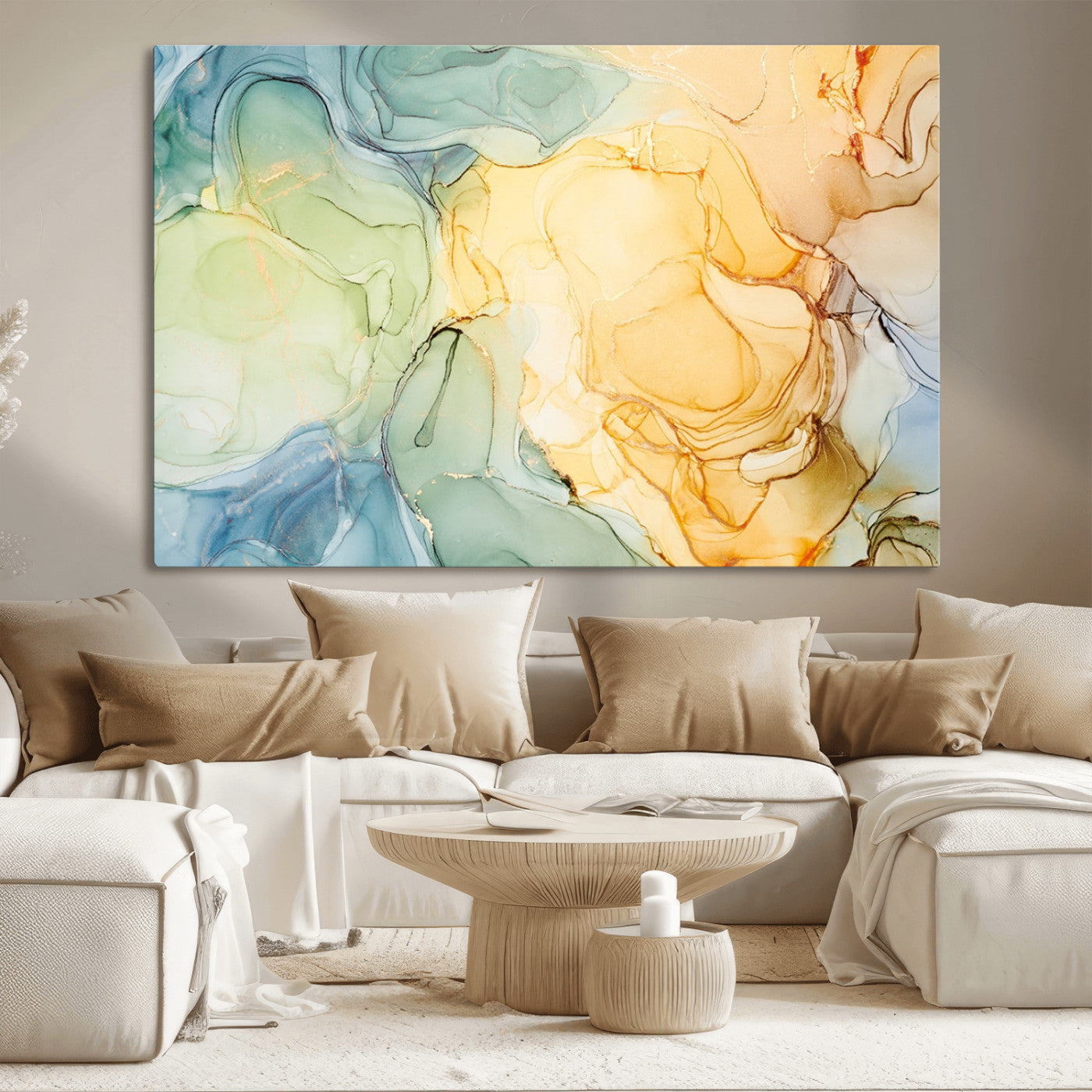 42195-MGV-CV-36X24-Green and Yellow Marble Fluid Effect Wall Art, Green and Yellow Marble Canvas Wall Art Print