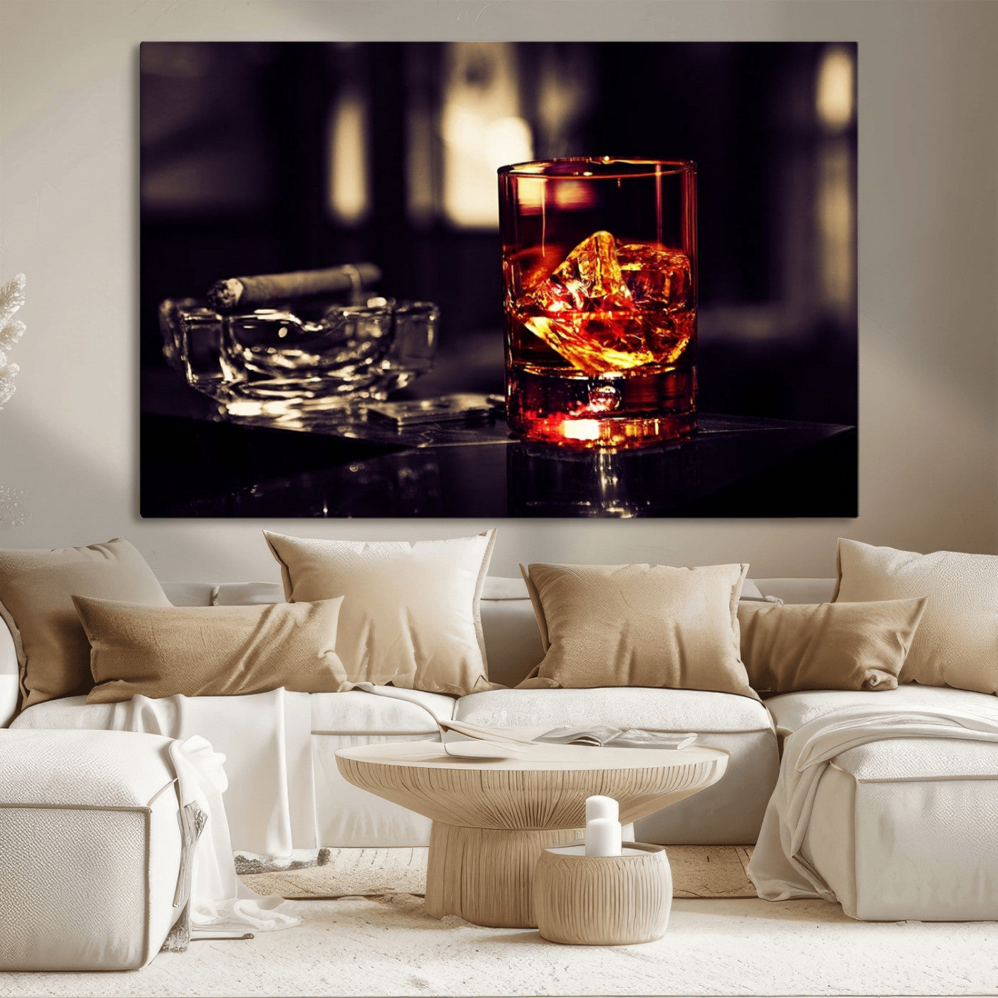 -Whiskey and Cigar Canvas – Luxurious Wall Art for Home or Bar – Glass and Cigar Scene Print Canvas