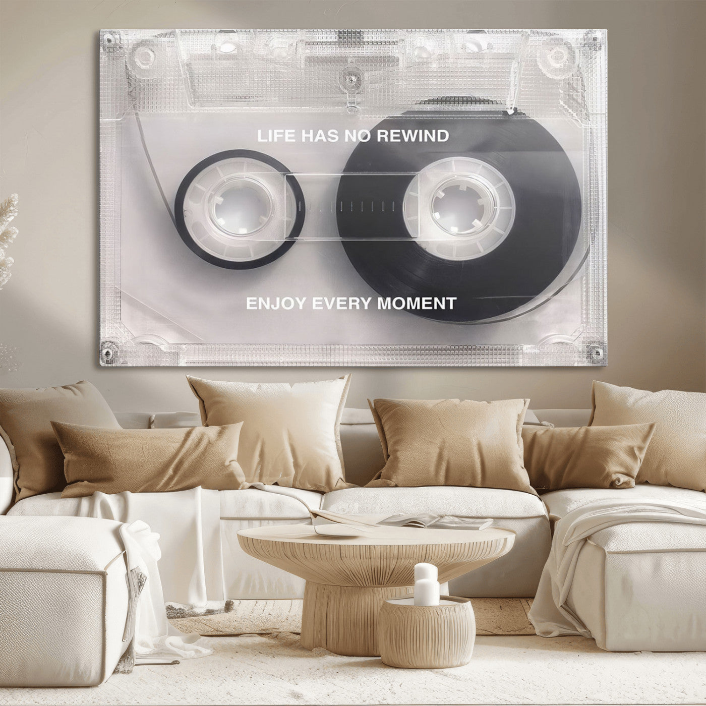 -Vintage Cassette Tape Canvas Wall Art - Inspirational 'Life Has No Rewind' Quote, Retro Music Decor