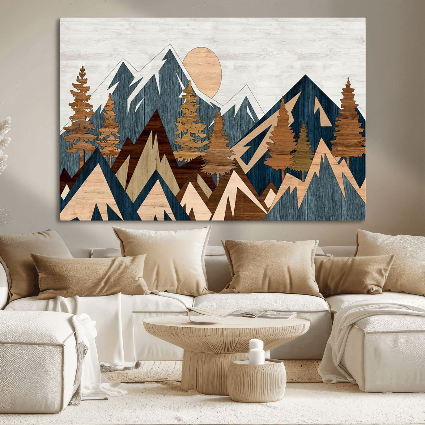 91467-MGV-CV-36X24-Abstract Wood Panel Effect Mountain Range Top Wall Art Canvas Print