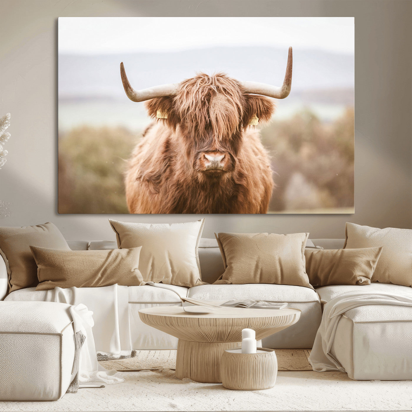 -Scottish Serene Highland Cow Canvas Wall Art – Serene Highland Cow in Natural Pastel Tones – Ready