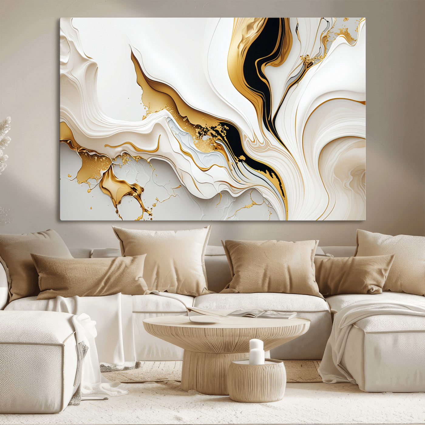 98637-MGV-CV-36X24-Gold Waves on Pure White Canvas – Gold Abstract Art for Modern Interiors | Wall Art Canvas, Framed &