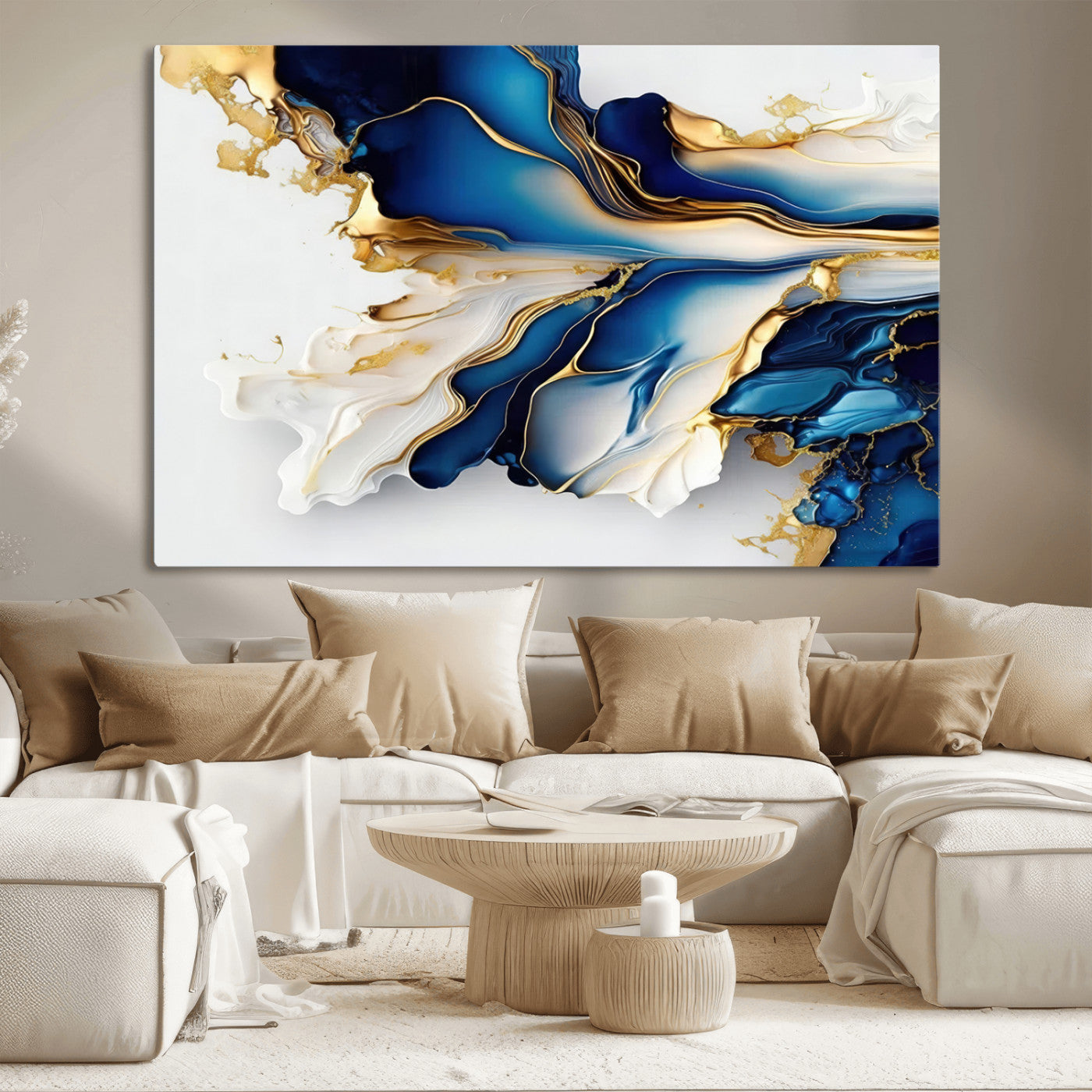 65693-MGV-CV-36X24-Gold Marble Art - Abstract Geode Gold And Blue Marble Shape 3 Pieces Wall Art Canvas Print