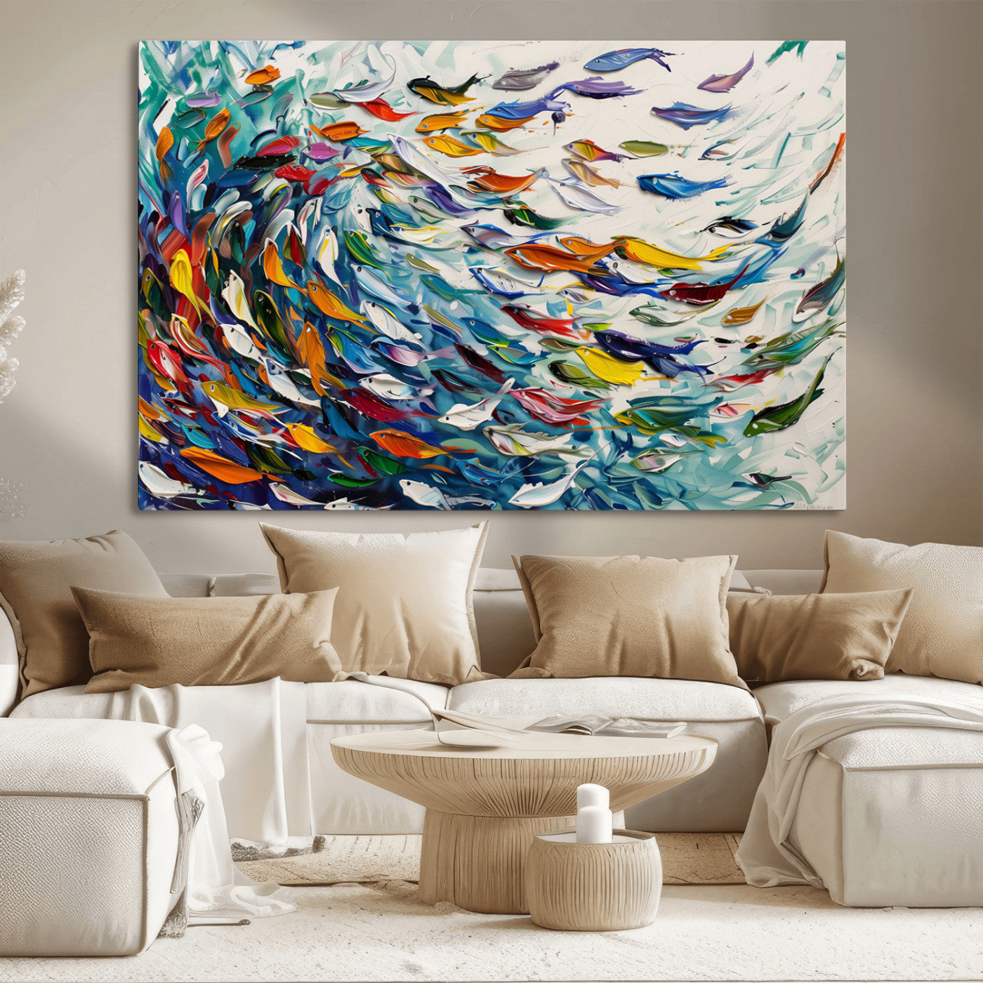 80105-MGV-CV-36X24-Modern Abstract Fish Shoal Wall Art Canvas Print, Colorful Fish Herd Painting on Canvas Print, Ocean