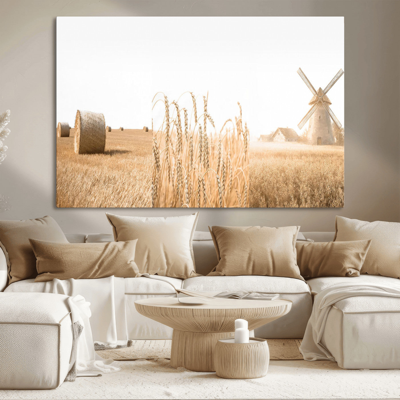 88780-MGV-CV-36X24-Vintage Farmhouse Triptych Wall Art – Giclée Canvas Featuring Wheat Fields, Hay Bales, and a