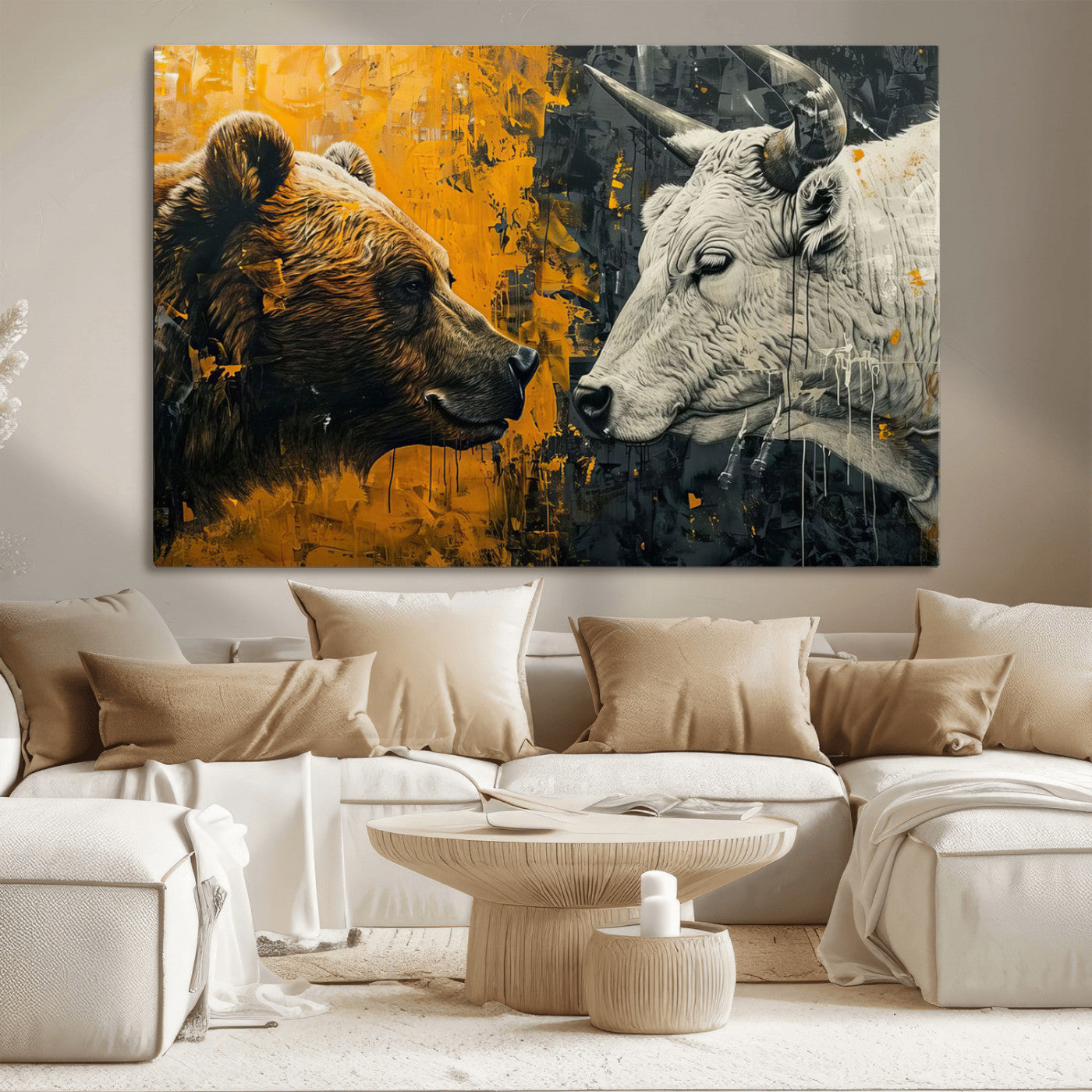 71185-MGV-CV-36X24-Bear and Bull Wall Art Canvas Print – Abstract Animal Portrait Painting for Modern Home Decor –