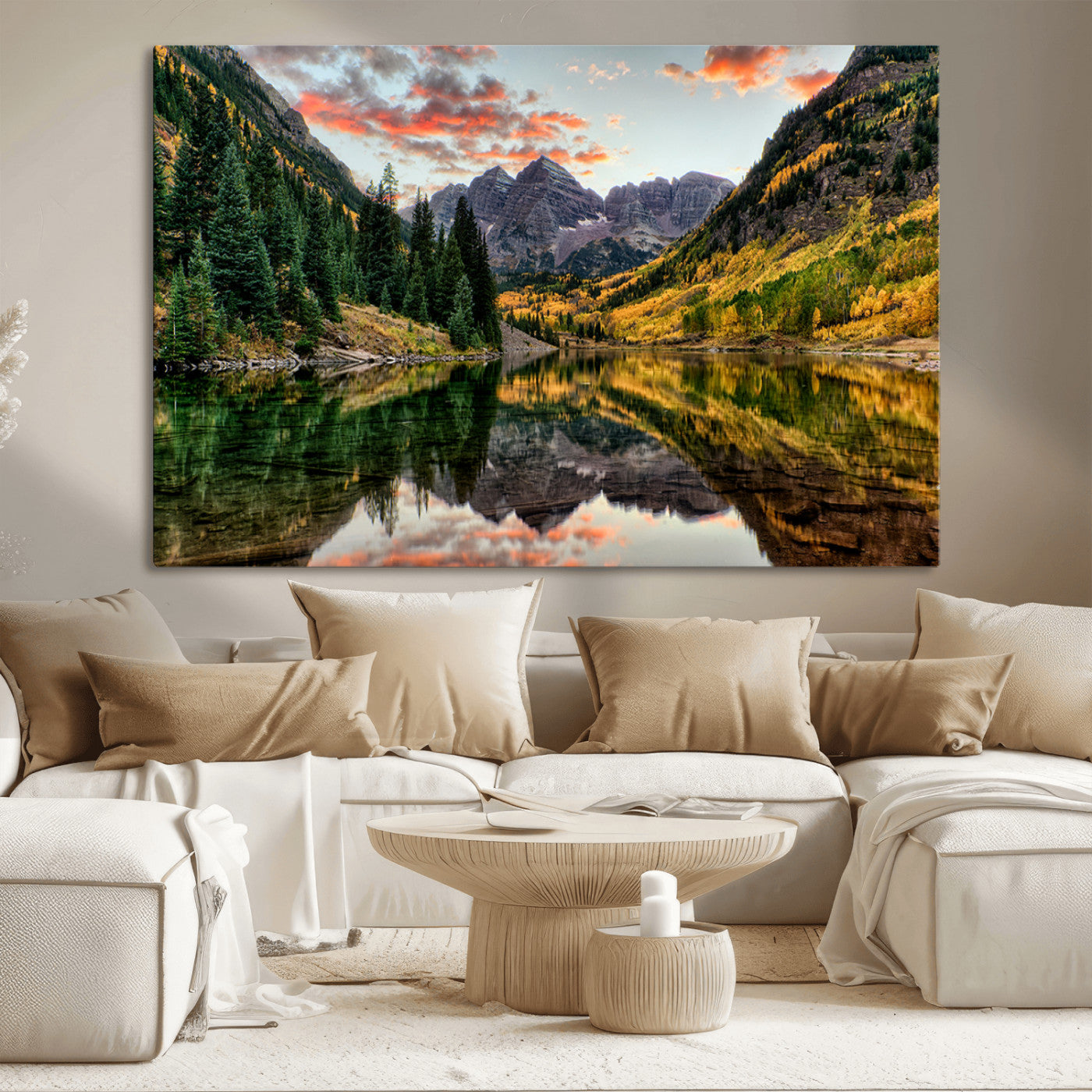 14376-MGV-CV-36X24-Maroon Bells Wall Art - Scenic Canvas Print of Maroon Bells in Autumn for Elegant Home or Office