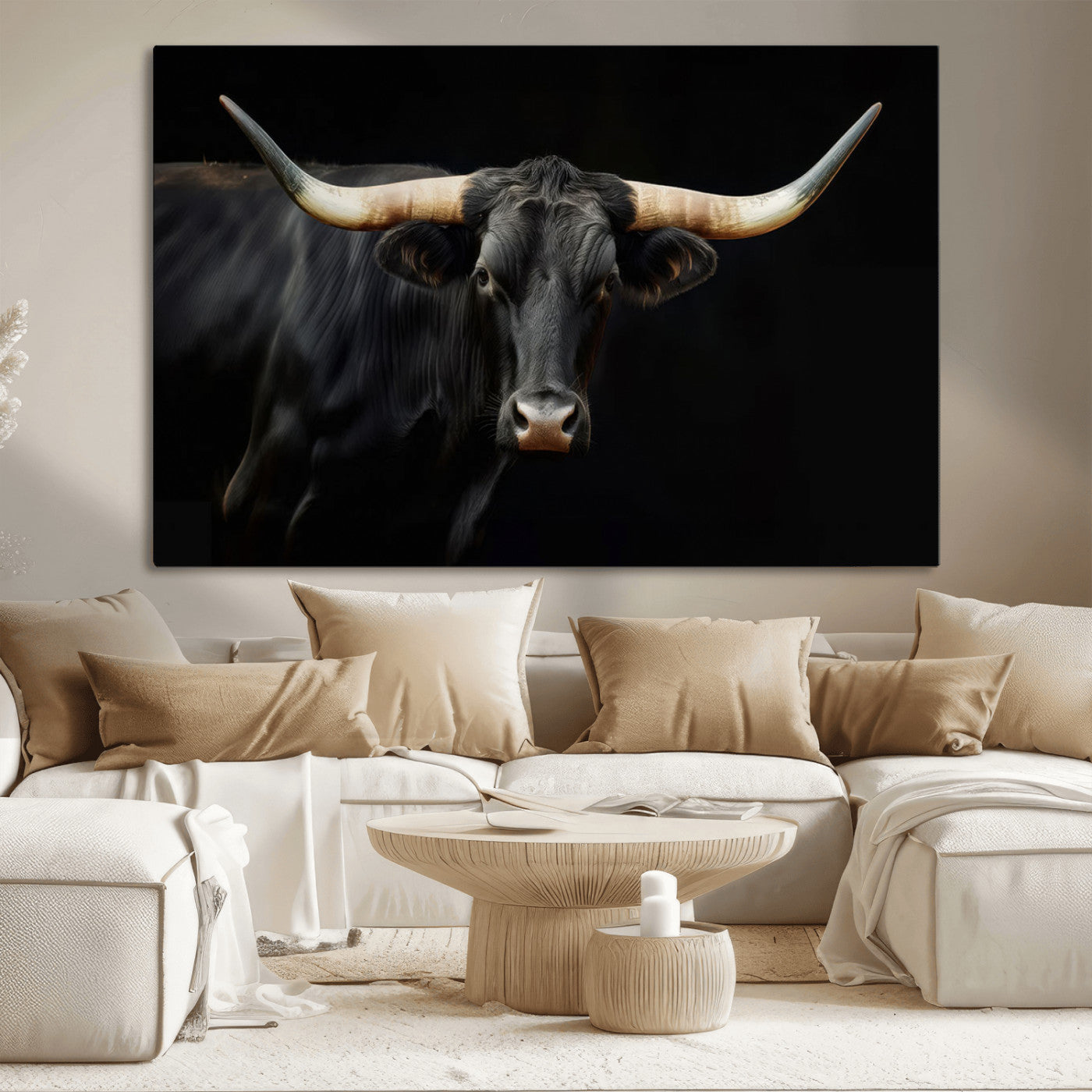 -Black Bull Wall Art – Majestic Longhorn Canvas Print with Dark Background, Rustic Western Farmhouse Decor for Living Room or Office