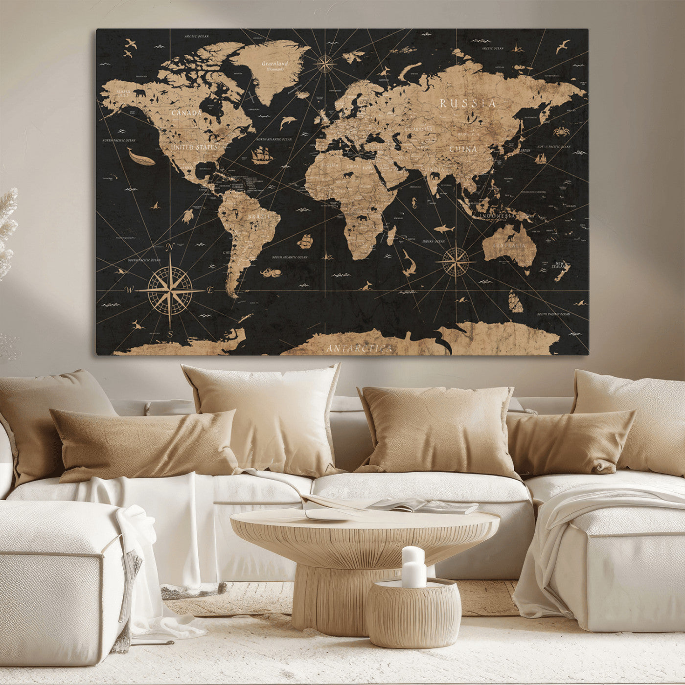 61023-MGV-CV-36X24-Vintage Push Pin World Map Canvas Print – Framed Travel Tracker Wall Art, Rustic Adventure Map Gift for Home or Office Decor