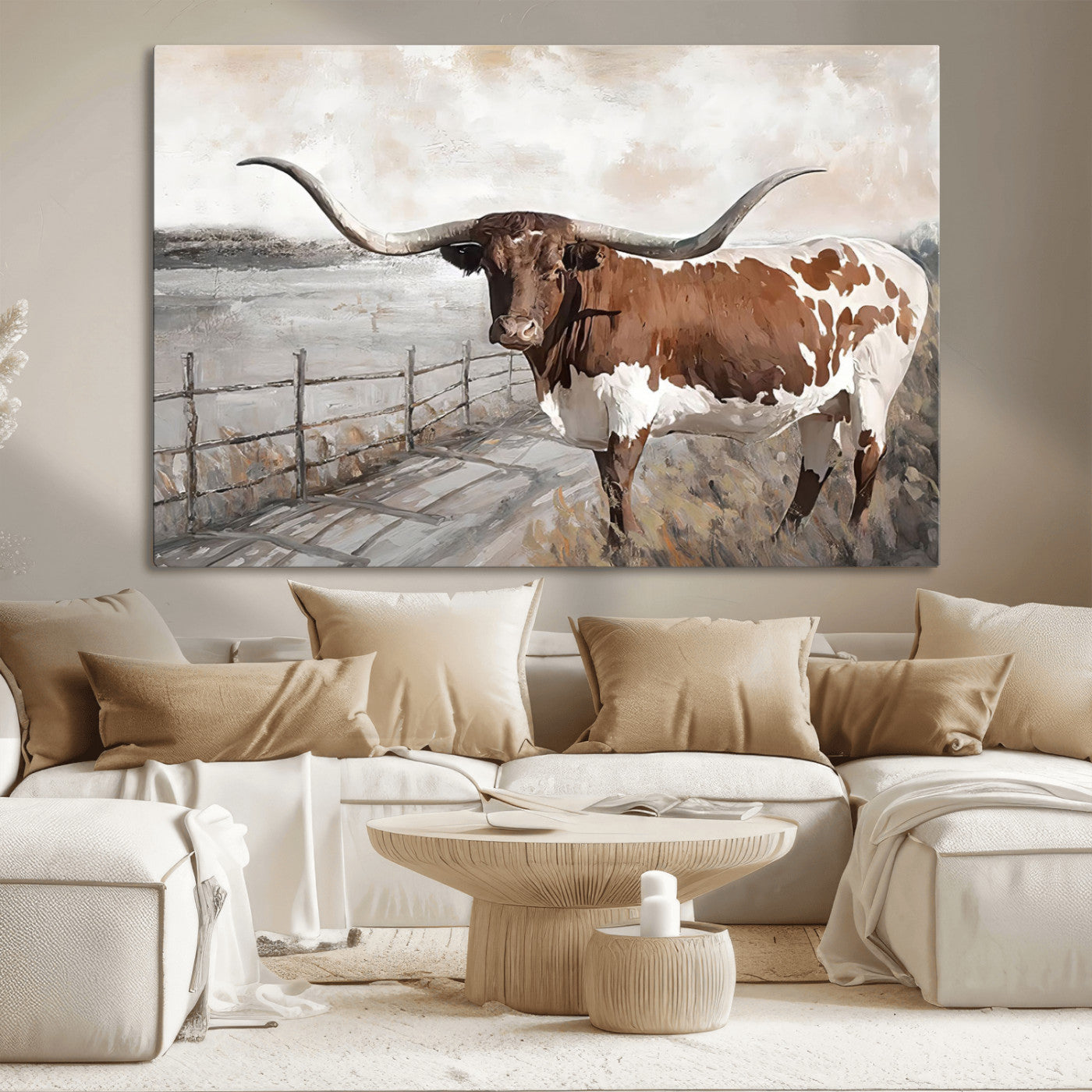 57340-MGV-CV-36X24-Vintage Texas Cow Wall Art Canvas Print, Rustic Longhorn Wall Art | Canvas Print for Farmhouse Decor
