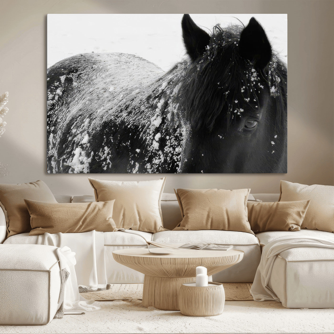 -Black Horse in Snow Canvas Print | Winter Horse Wall Art | Ready to Hang and Framed | Farmhouse Wall
