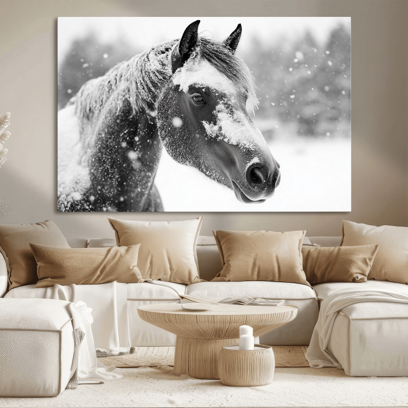 13358-MGV-CV-36X24-Black Horse Winter Wall Art | Ready to Hang and Framed | Farmhouse and Western Wall Decor for Living Room