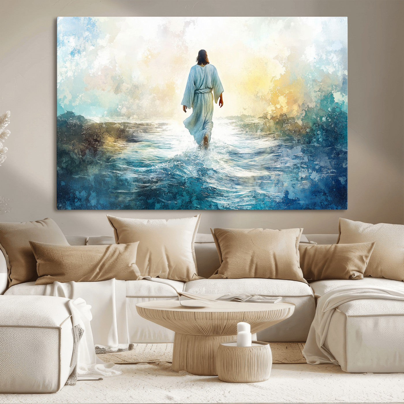 60634-MGV-CV-36X24-Watercolor Jesus Walking on Water Canvas Print, Christian Wall Art, Jesus Christ Walking