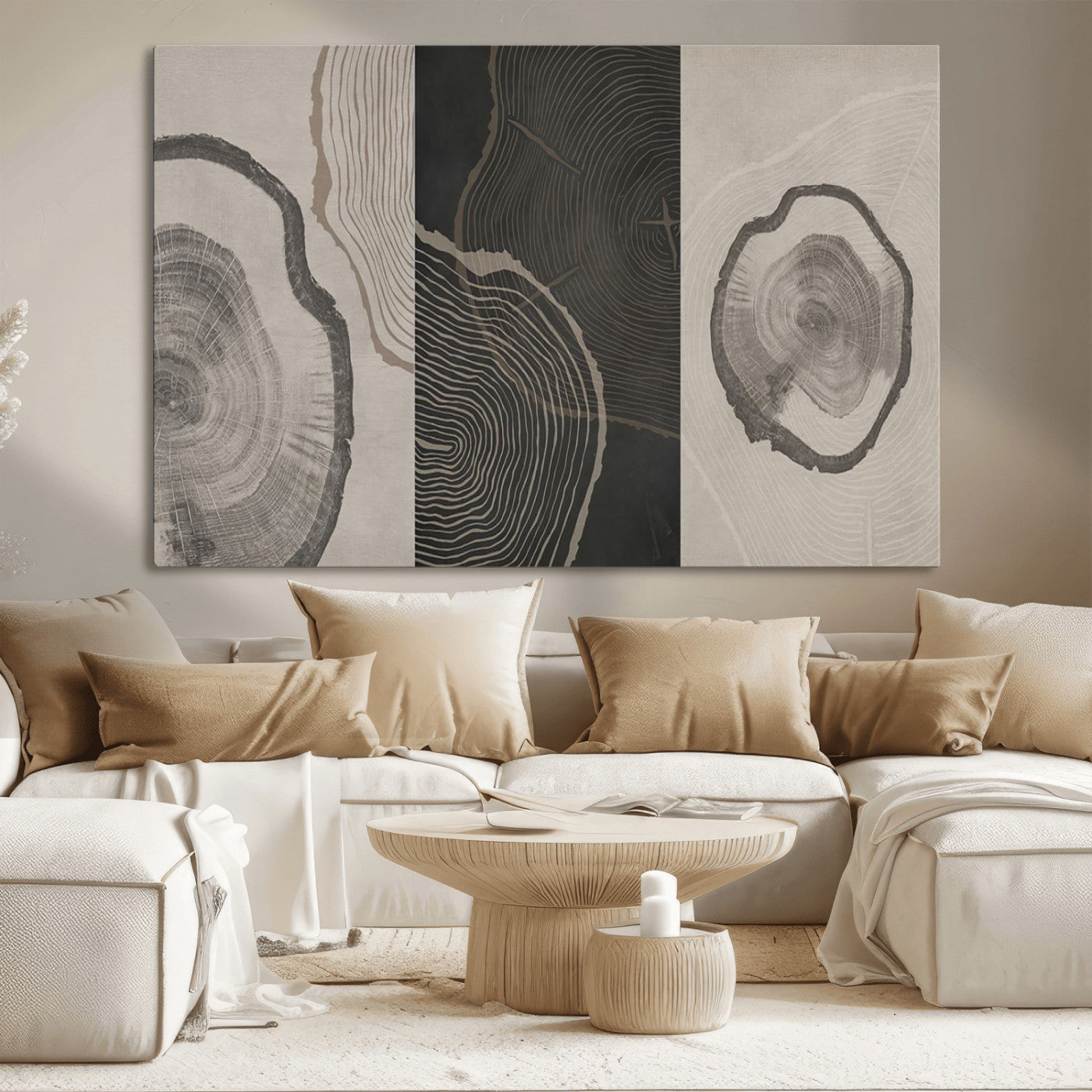 25407-MGV-CV-36X24-Modern Abstract Tree Ring Canvas Art Set | 3 Panel Large Tree Ring Design for Living Room, Office,