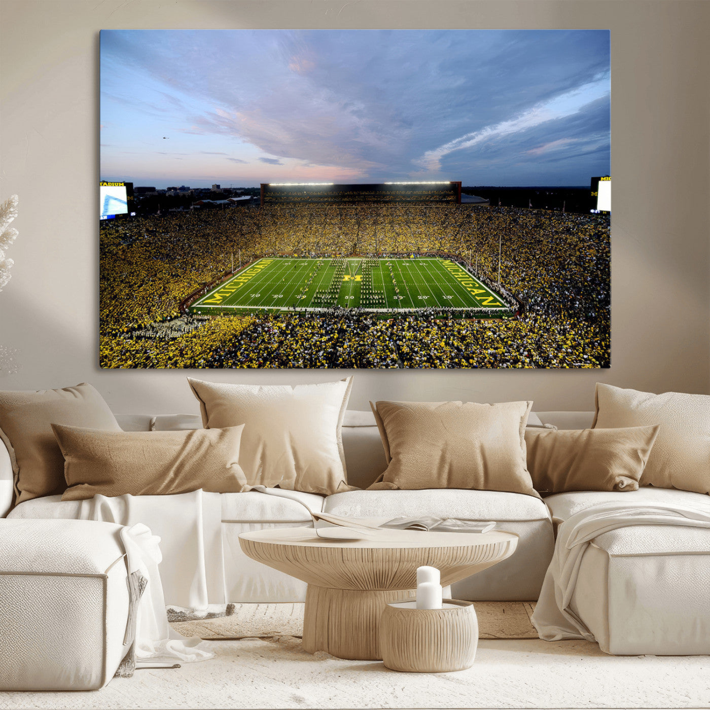 82641-MGV-CV-36X24-Michigan Stadium Wall Art Canvas Print – Framed Football Field Scene with Marching Band Artwork for Home, Office