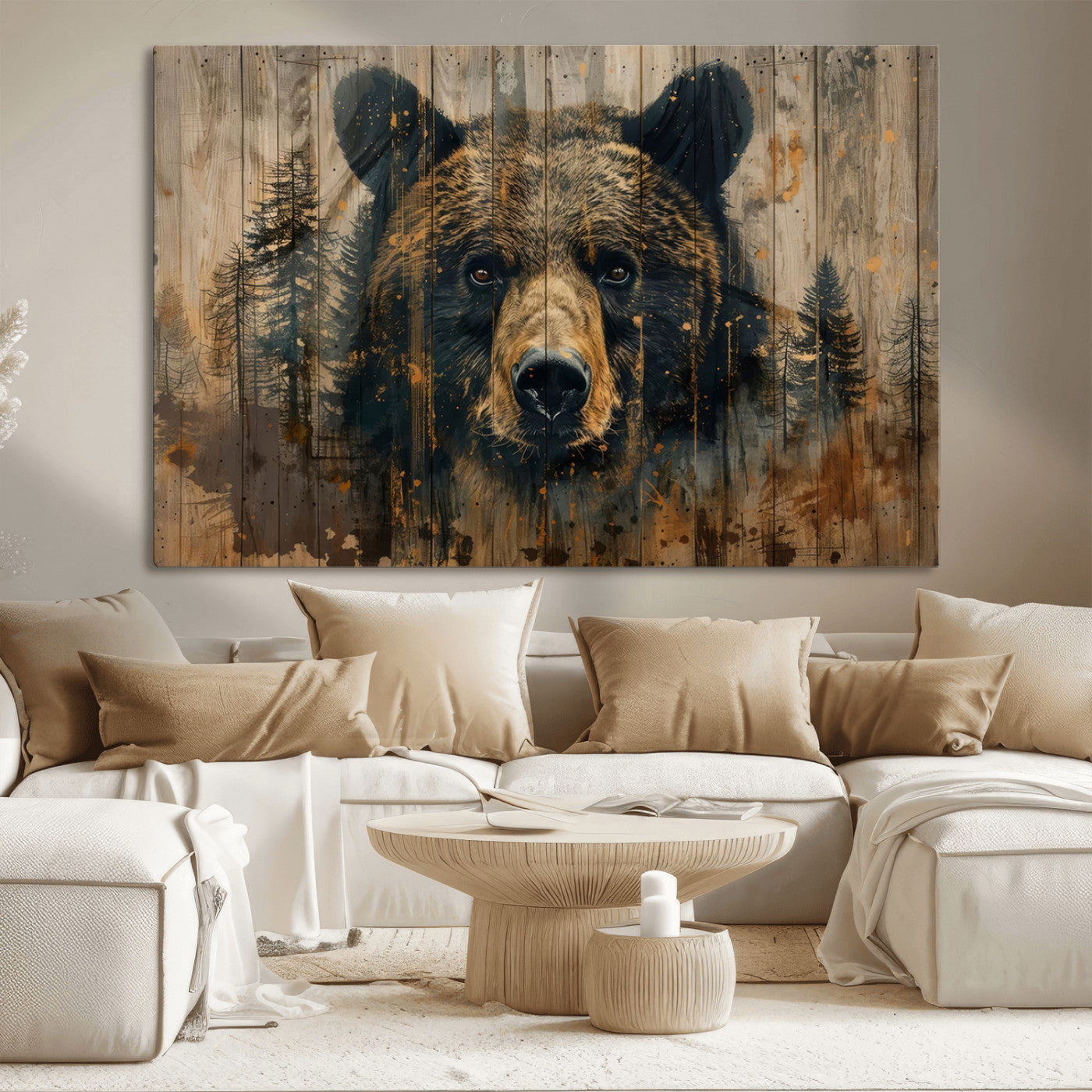 51373-MGV-CV-36X24-Abstract 399 Bear Wall Art | Rustic Cabin Wall Decor with Forest Design | Framed and Ready to Hang |