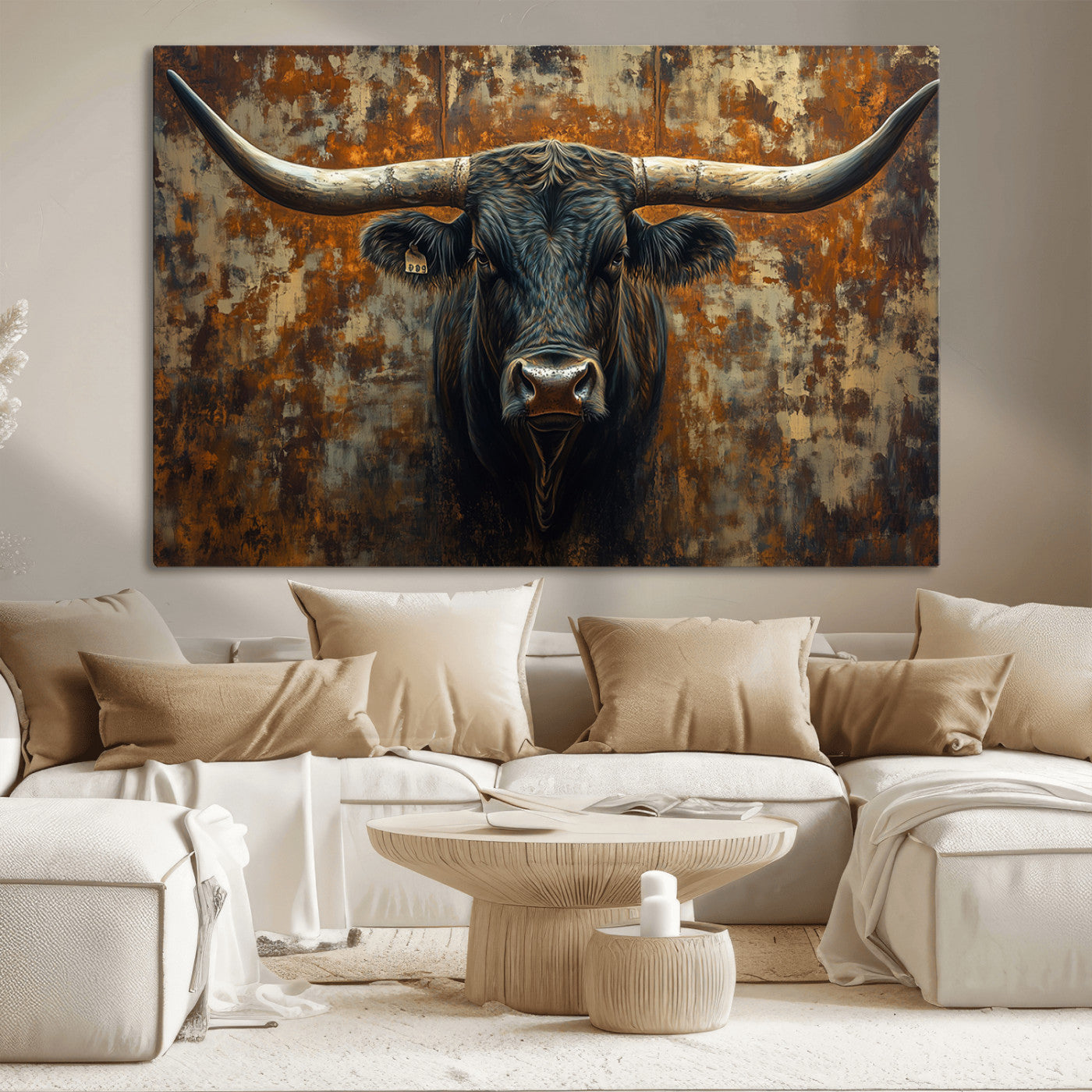 68068-MGV-CV-36X24-Longhorn Texas Cow Bull Wall Art | Rustic Farmhouse Canvas Print | Ready to Hang Barn Decor for
