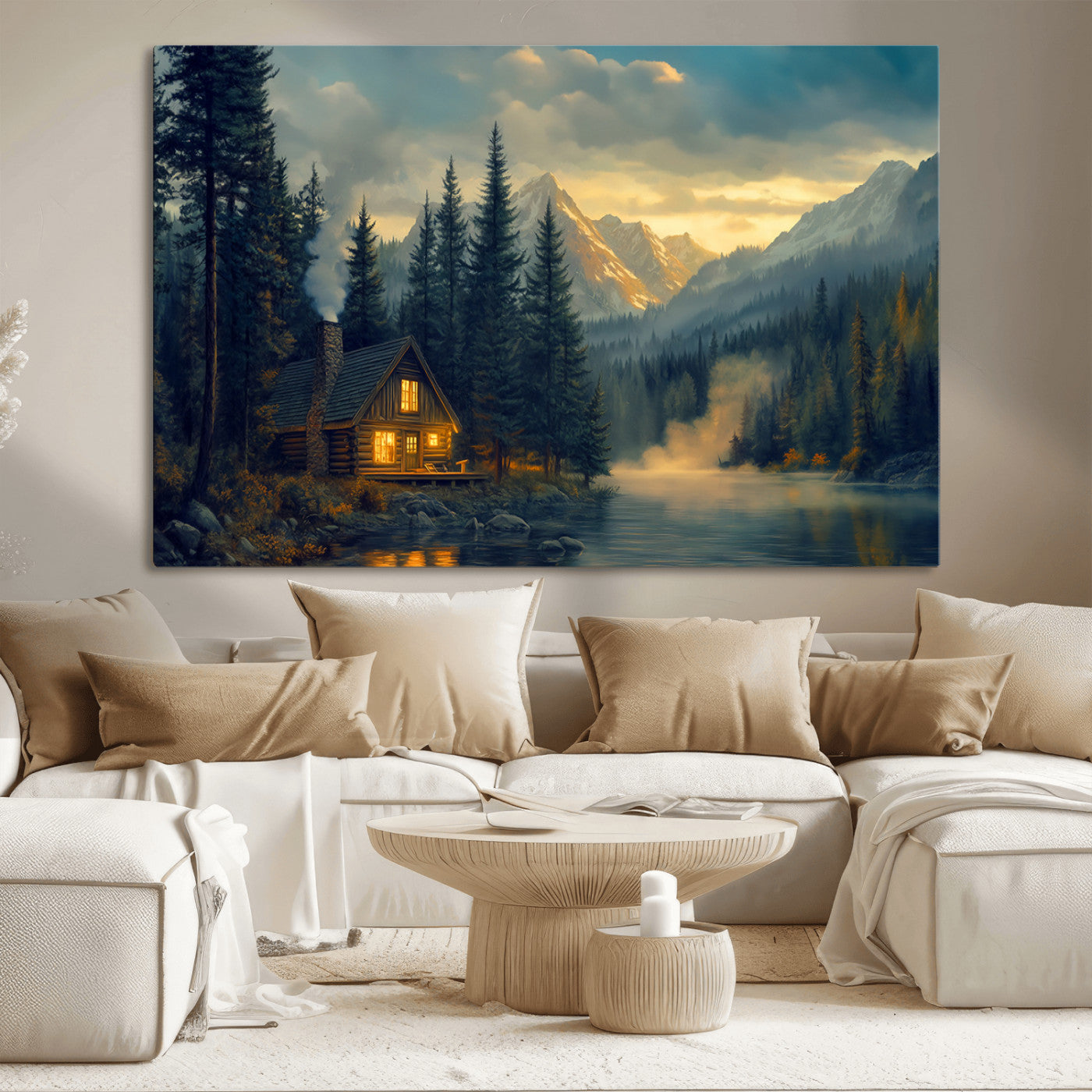 94027-MGV-CV-36X24-Mountain Cabin by the Lake at Sunset Wall Art - Serene Nature Canvas Print for Living Room Decor,