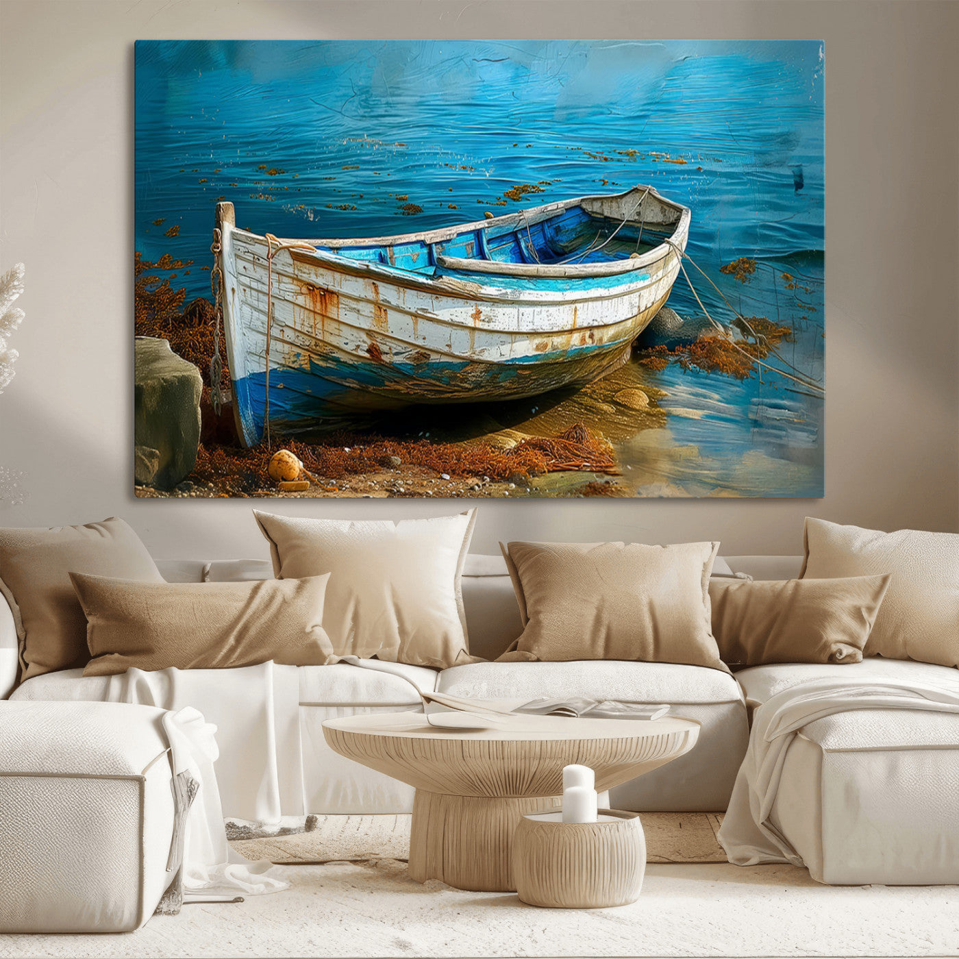 54716-MGV-CV-36X24-Vintage Boat on Tranquil Waters | Coastal Wall Art for Nautical Decor | Rustic Triptych Canvas Print