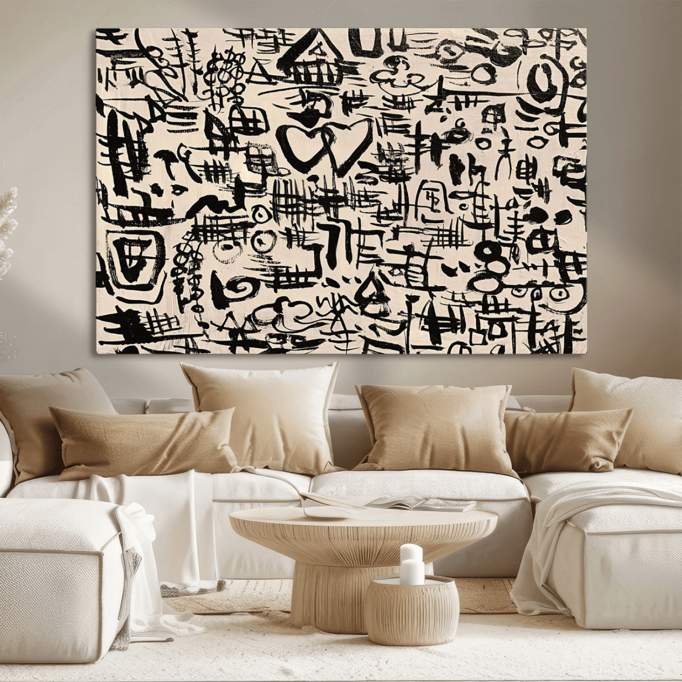 68273-MGV-CV-36X24 - Abstract Love and Chaos Canvas Print, Black Symbols on Beige