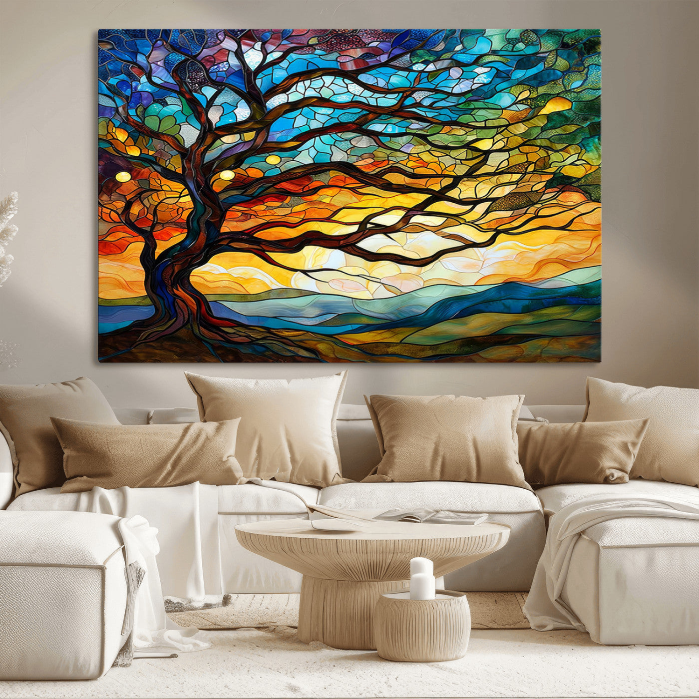 64765-MGV-CV-36X24-Mosaic Tree Wall Art | Ready to Hang Stained Glass Style Canvas Print | Farmhouse Wall Decor, Cabin