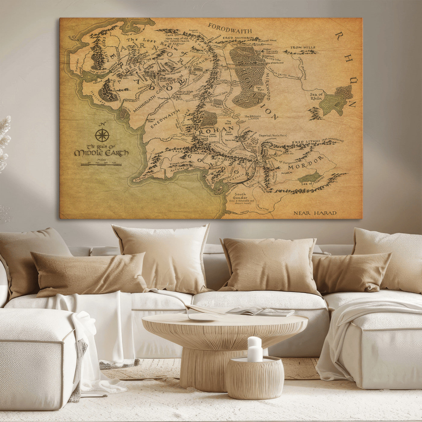 65656565-MGV-CV-36X24-Middle Earth Map Canvas Wall Art – Vintage Fantasy Map Print, Decor for Home Library or Office