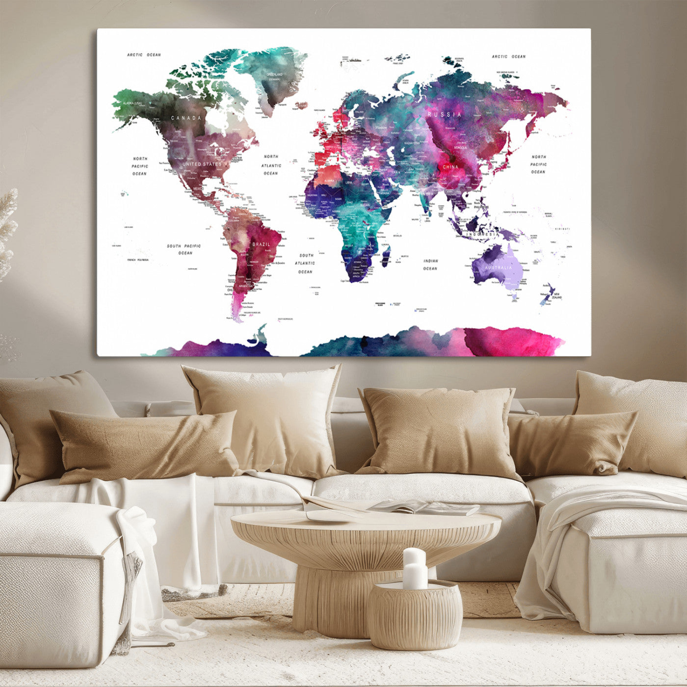 78176-MGV-CV-36X24-Colorful Watercolor World Map Canvas Wall Art – Framed Modern Map Print, Vibrant Travel Inspired Artwork for Home and Office Decor