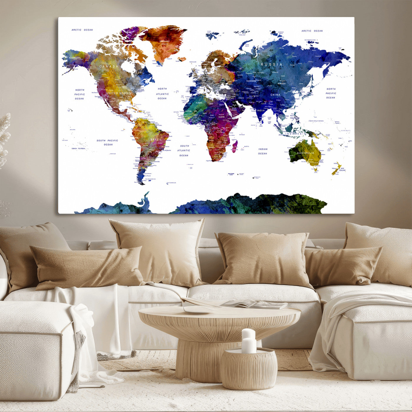 90446-MGV-CV-36X24-Colorful Watercolor World Map Canvas Wall Art – Framed Modern Push Pin Travel Map for Home and Office Decor