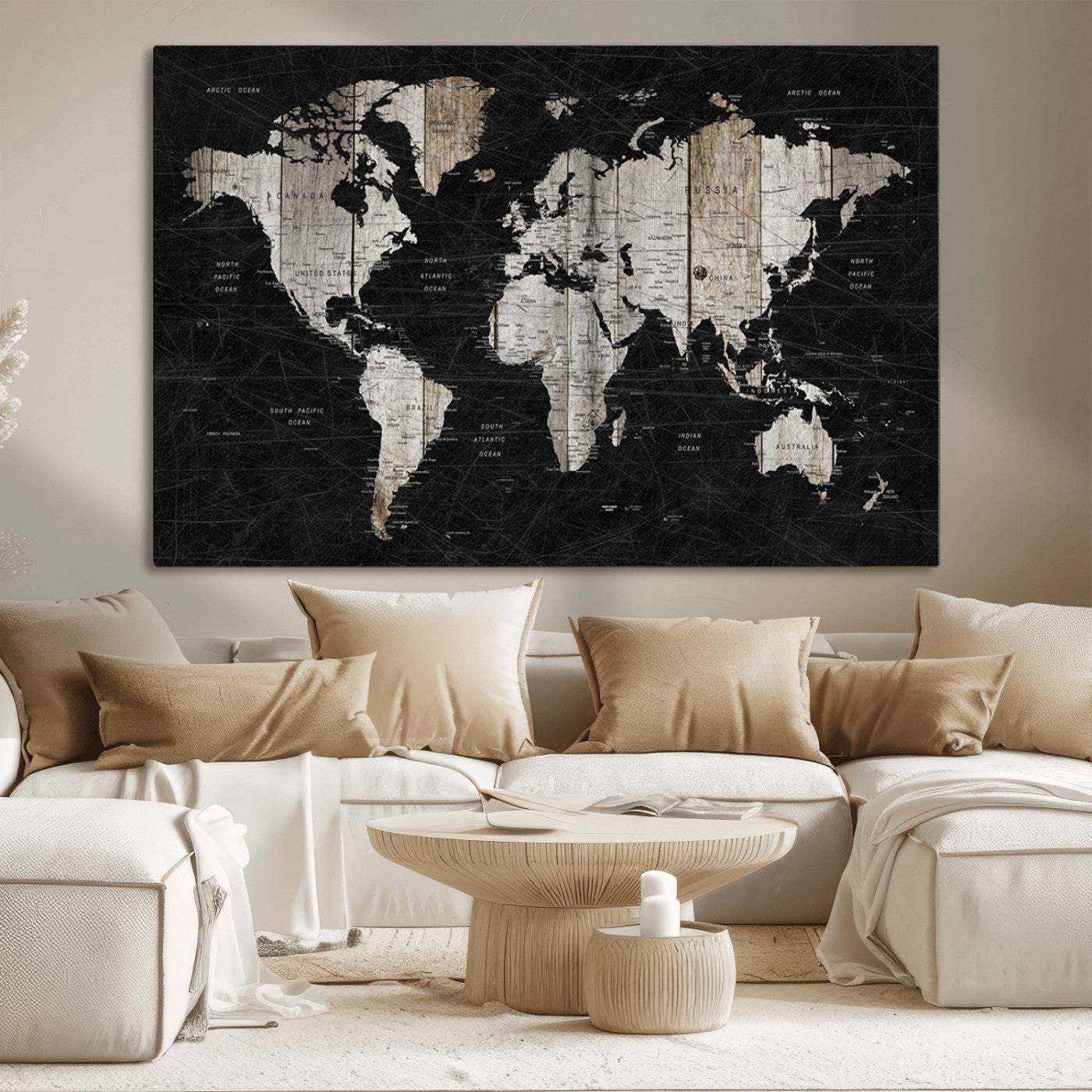 49500-MGV-CV-36X24-Push Pin World Map Canvas Print – Framed Travel Map Wall Art for Couples, Anniversary Gift, Modern Home or Office Decor