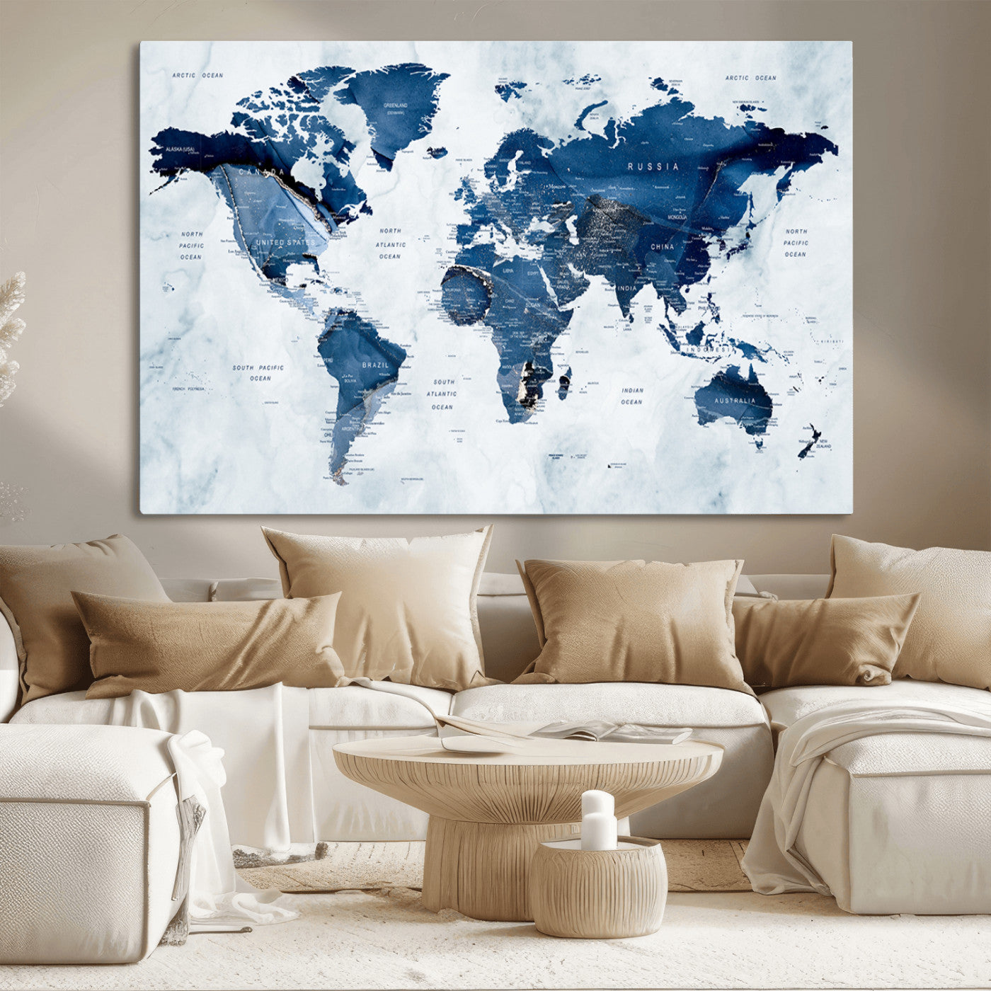 88266-MGV-CV-36X24-Modern Blue Marble World Map Canvas Print – Framed Push Pin Wall Art, Elegant Travel Map Artwork for Home Office or Living Room Decor