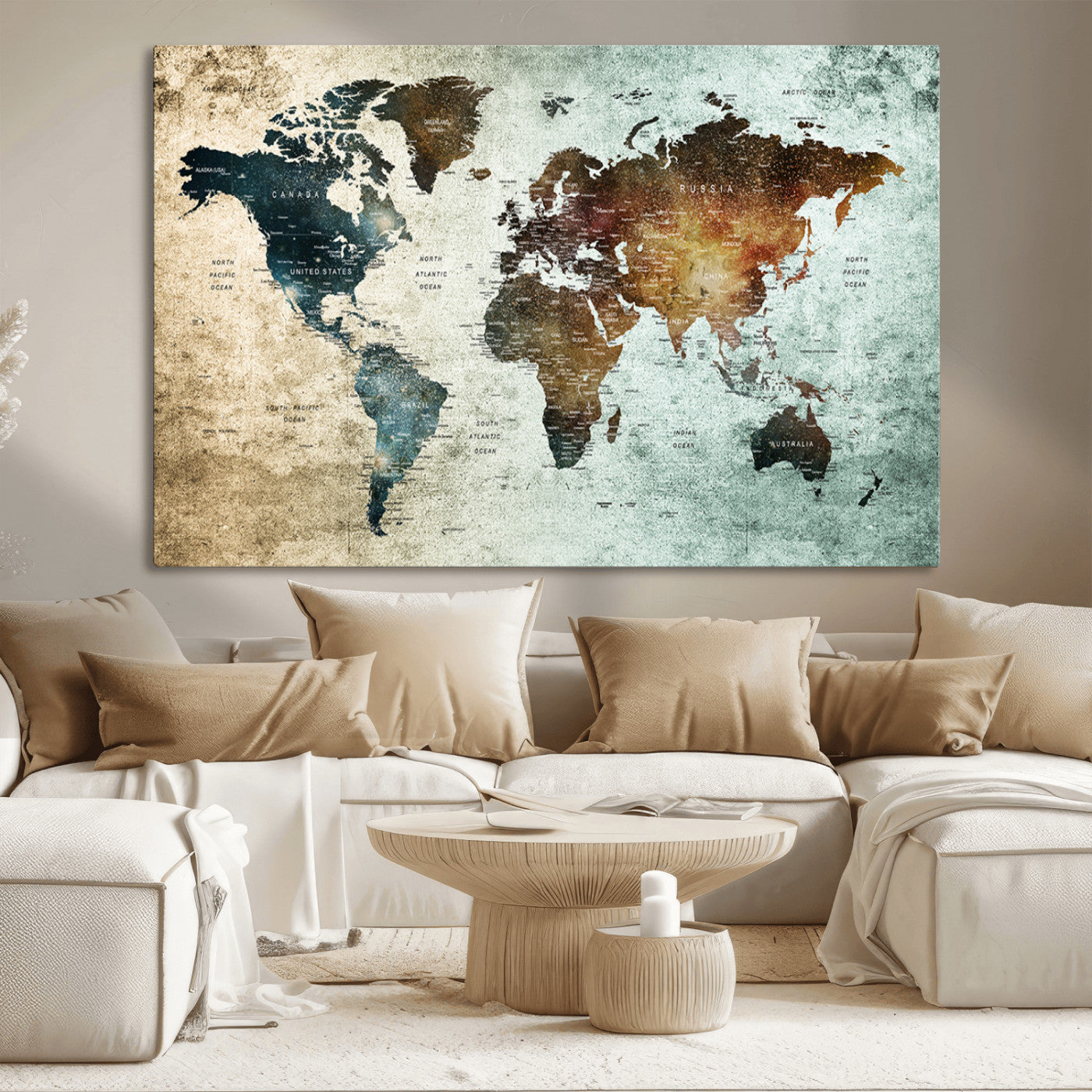 25140-MGV-CV-36X24-World Map Canvas Print – Framed Vintage Style Push Pin Wall Art, Elegant Travel Map Decor for Home or Office
