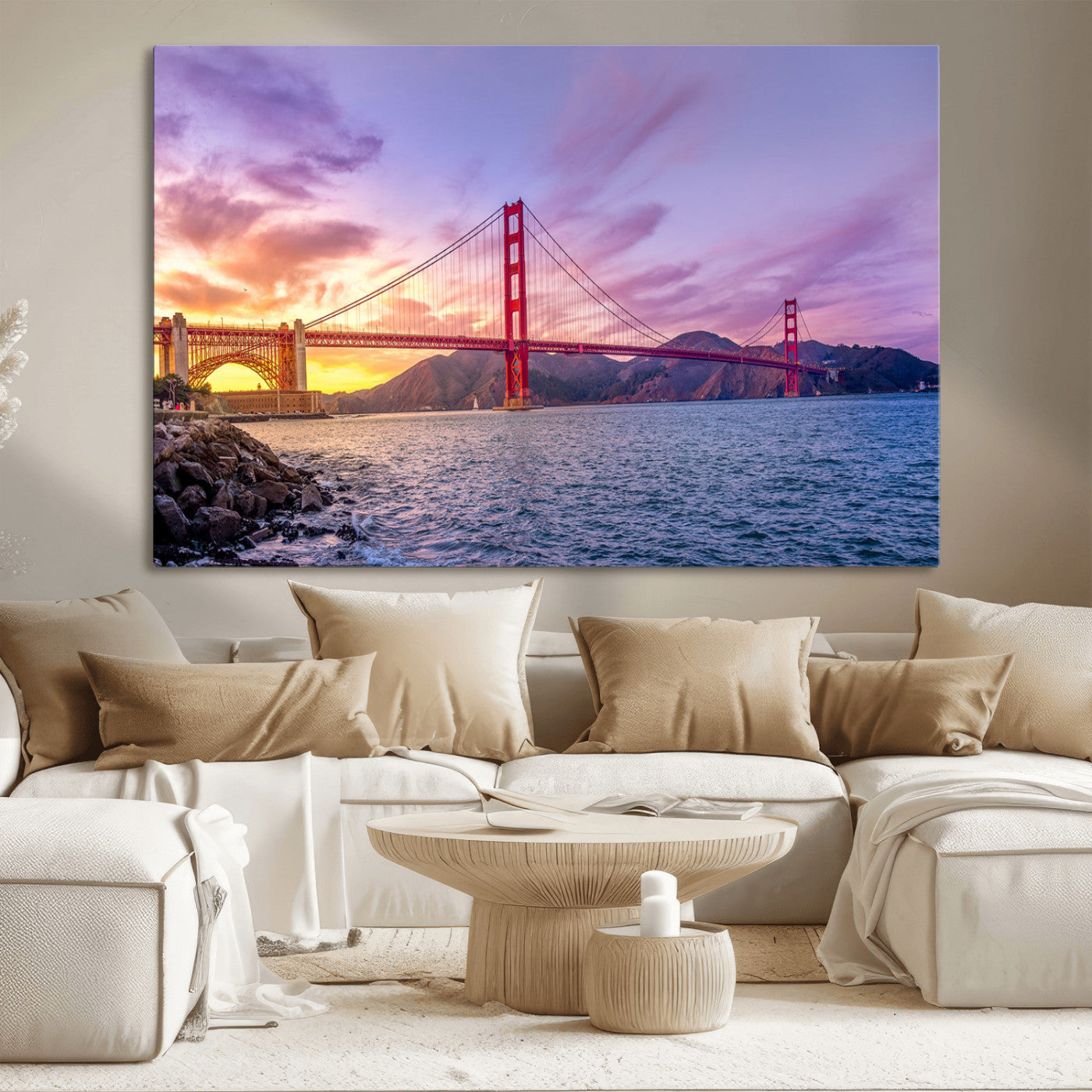 MGV-CV-36X24 - Golden Gate Bridge Wall Art Print, San Francisco Sunset Canvas Wall Art, Cityscape Canvas Print for