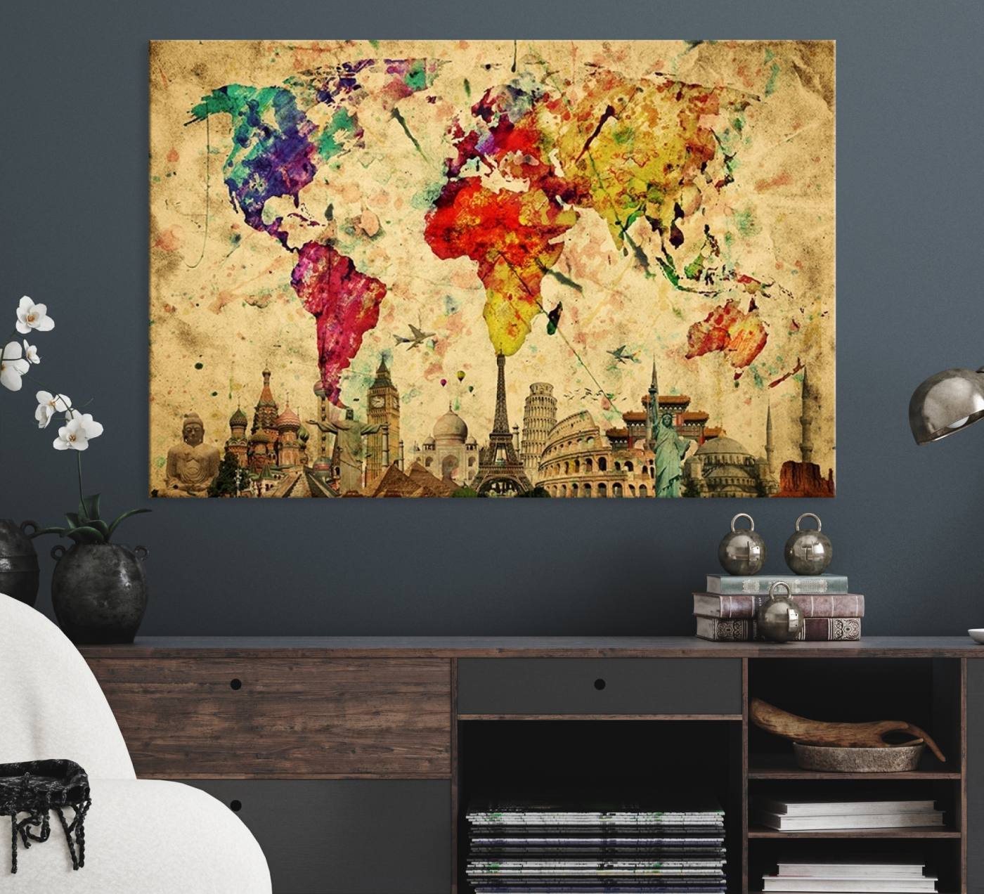 34595-MGV-CV-36X24-Push Pin World Map Canvas Print – Framed Travel Map Wall Art for Couples, Anniversary Gift, Modern Home or Office Decor
