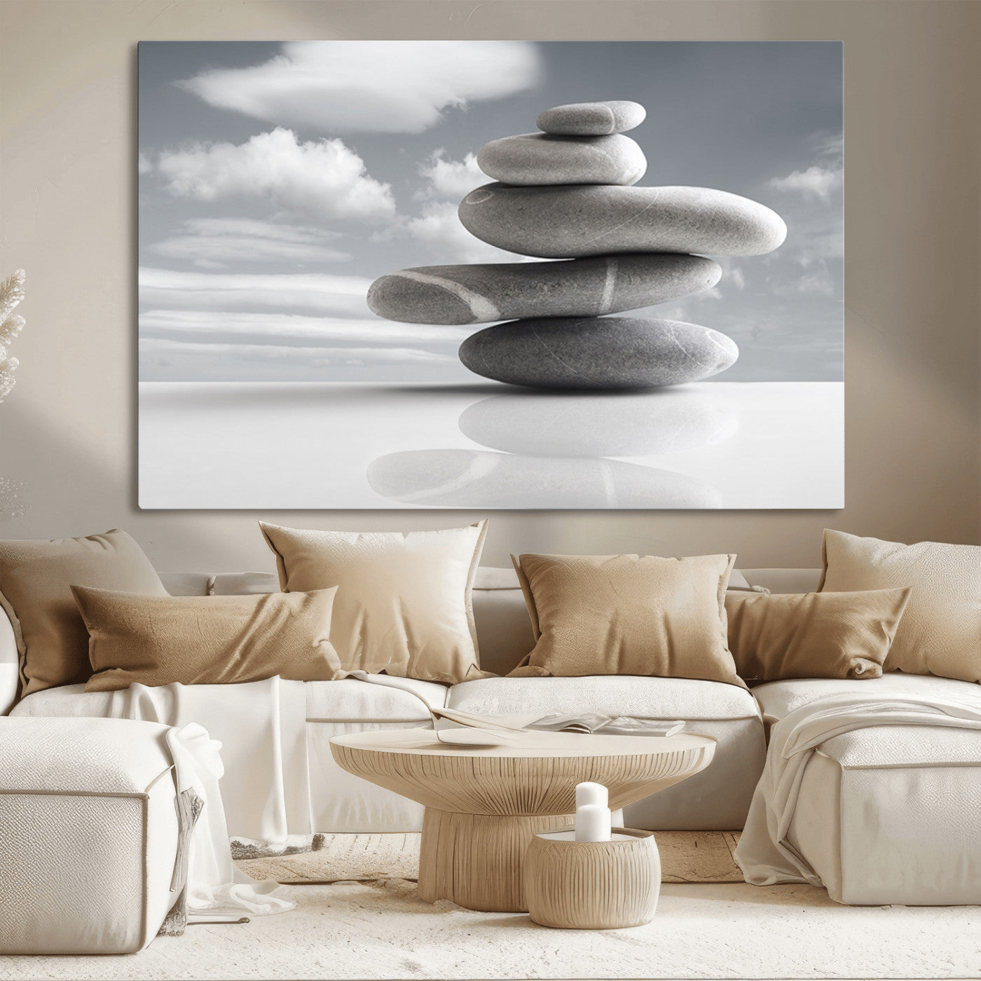 -Still Life Black and White Zen Stones Wall Art Canvas, Framed Black and White Zen Stones Canvas