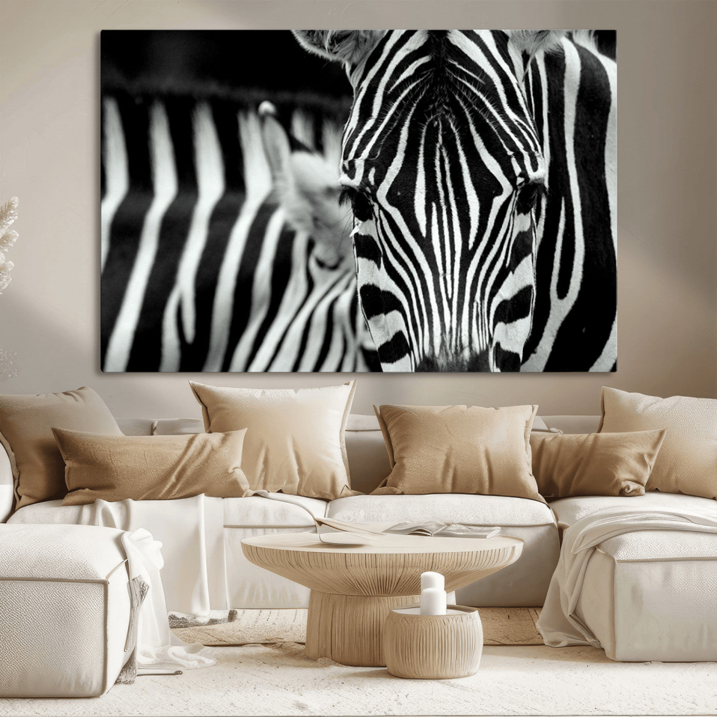 MGV-CV-36X24 - Zebra Wall Art – Close Up Black and White Animal Print, Bold Safari Decor for Living Room, Office, or Bedroom