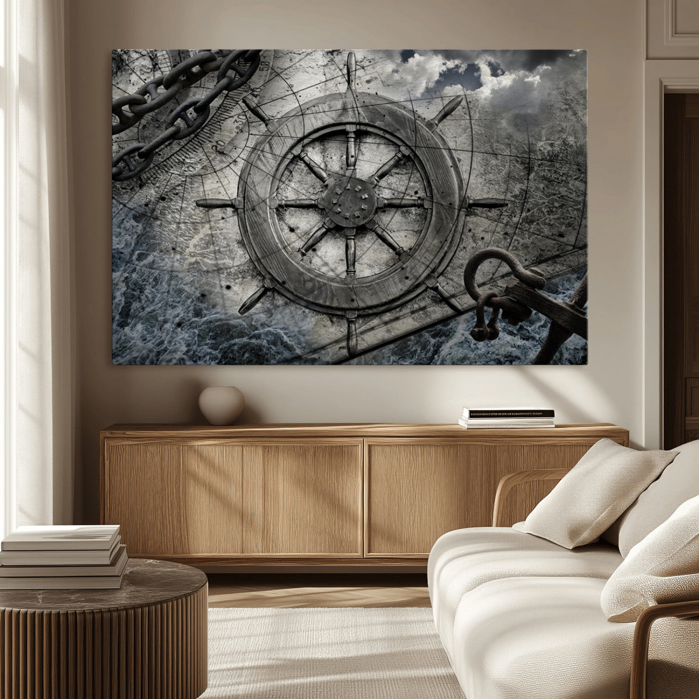 -Ship Steering Wheel Vintage Wall Art Canvas Print