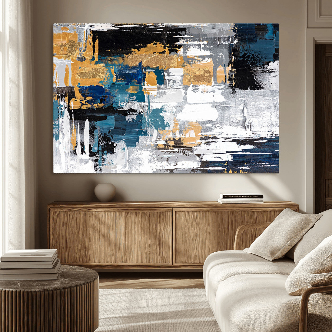 57708-MGV-CV-36X24-Blue and Gold Abstract Canvas Wall Art – Triptych Modern Painting for Living Room – Framed and Ready