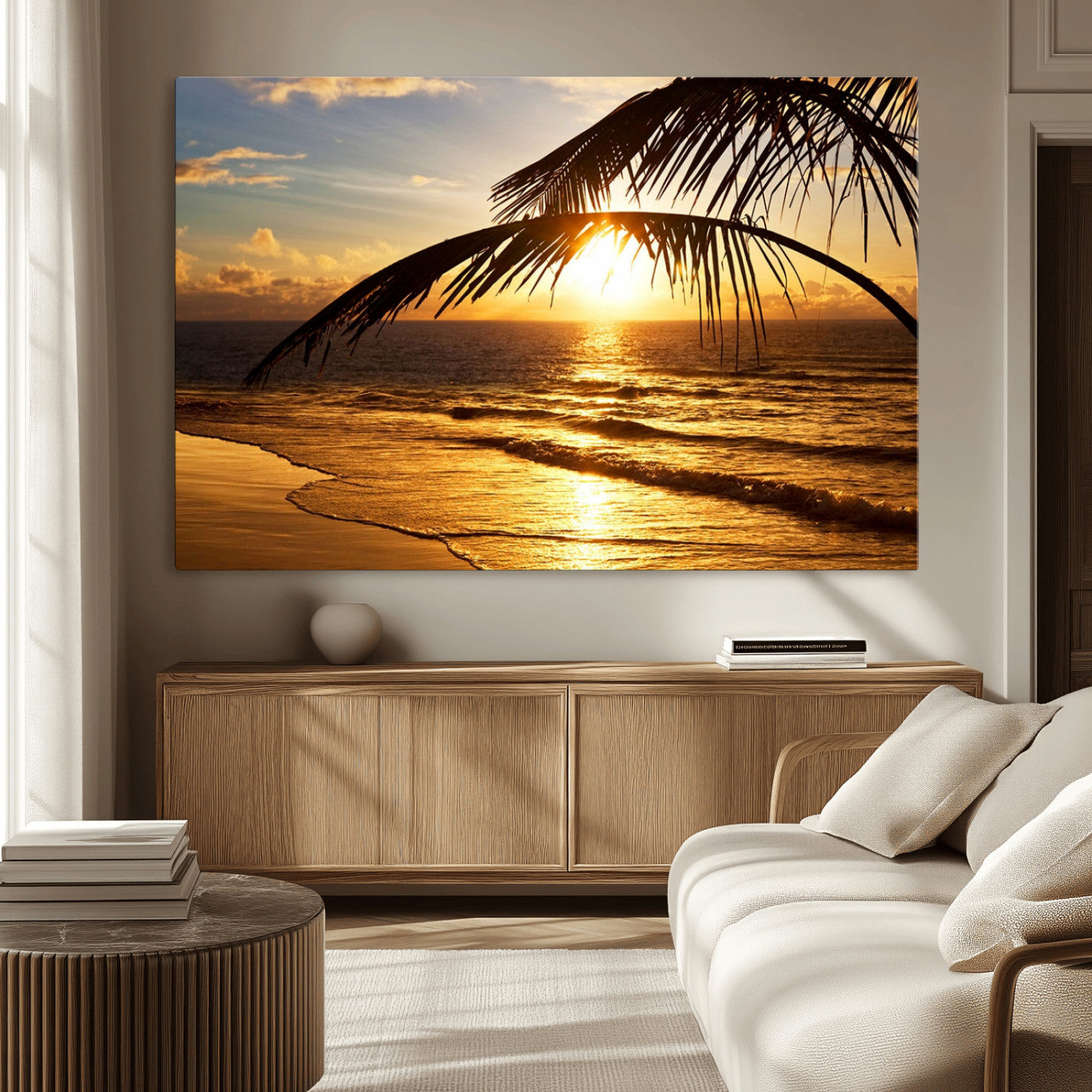 41507-MGV-CV-36X24-Golden Tropical Beach Sunset Canvas Triptych, Coastal Palm Tree Wall Art, Ocean Shoreline Giclee