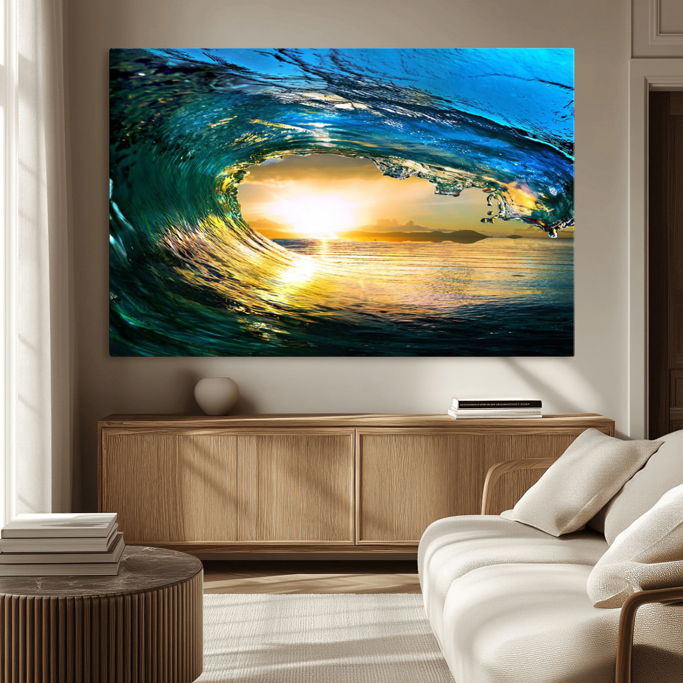 19378-MGV-CV-36X24-Ocean Wave at Sunset Canvas Art, Large Wall Print of Vibrant Water Waves, Coastal Art for Living