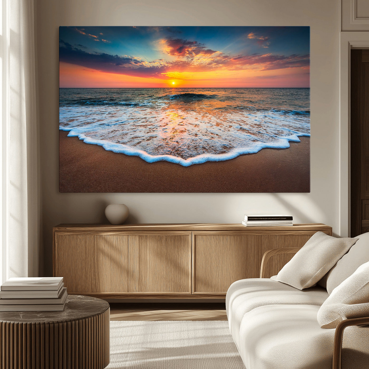 16110-MGV-CV-36X24-Sunset Beach Canvas Wall Art – Colorful Ocean Waves Triptych – Coastal Decor for Living Room or
