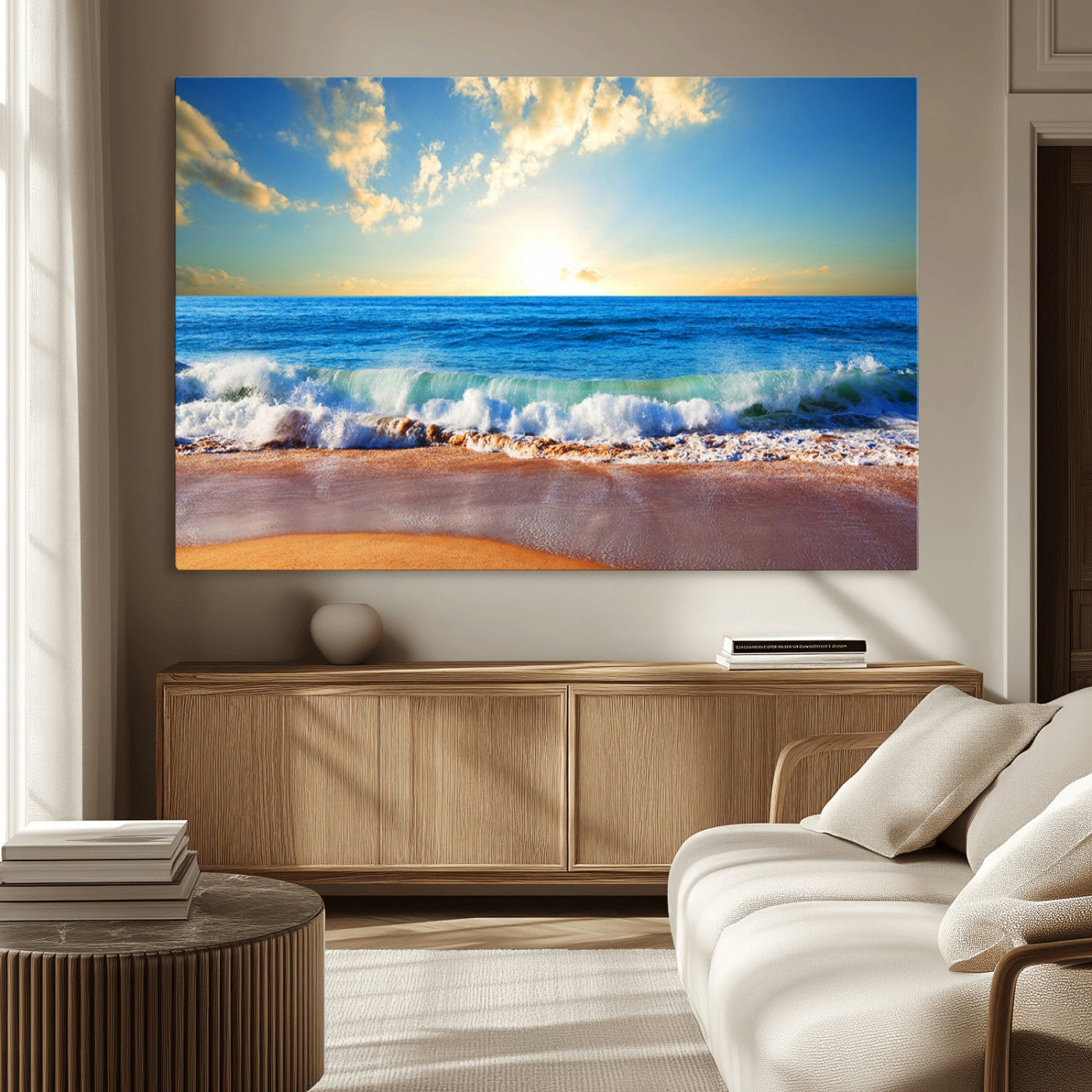-Tropical Beach Sunset Canvas Art, Ocean Waves and Sandy Shoreline Wall Art, Large Beach Decor for